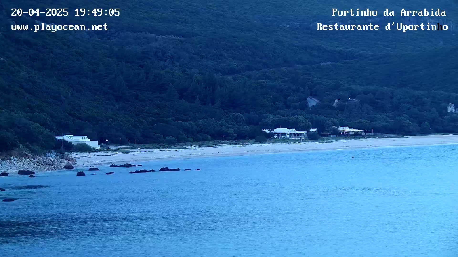 A sandy beach with a few buildings sits below a dark green, tree-covered hillside next to calm, blue water.