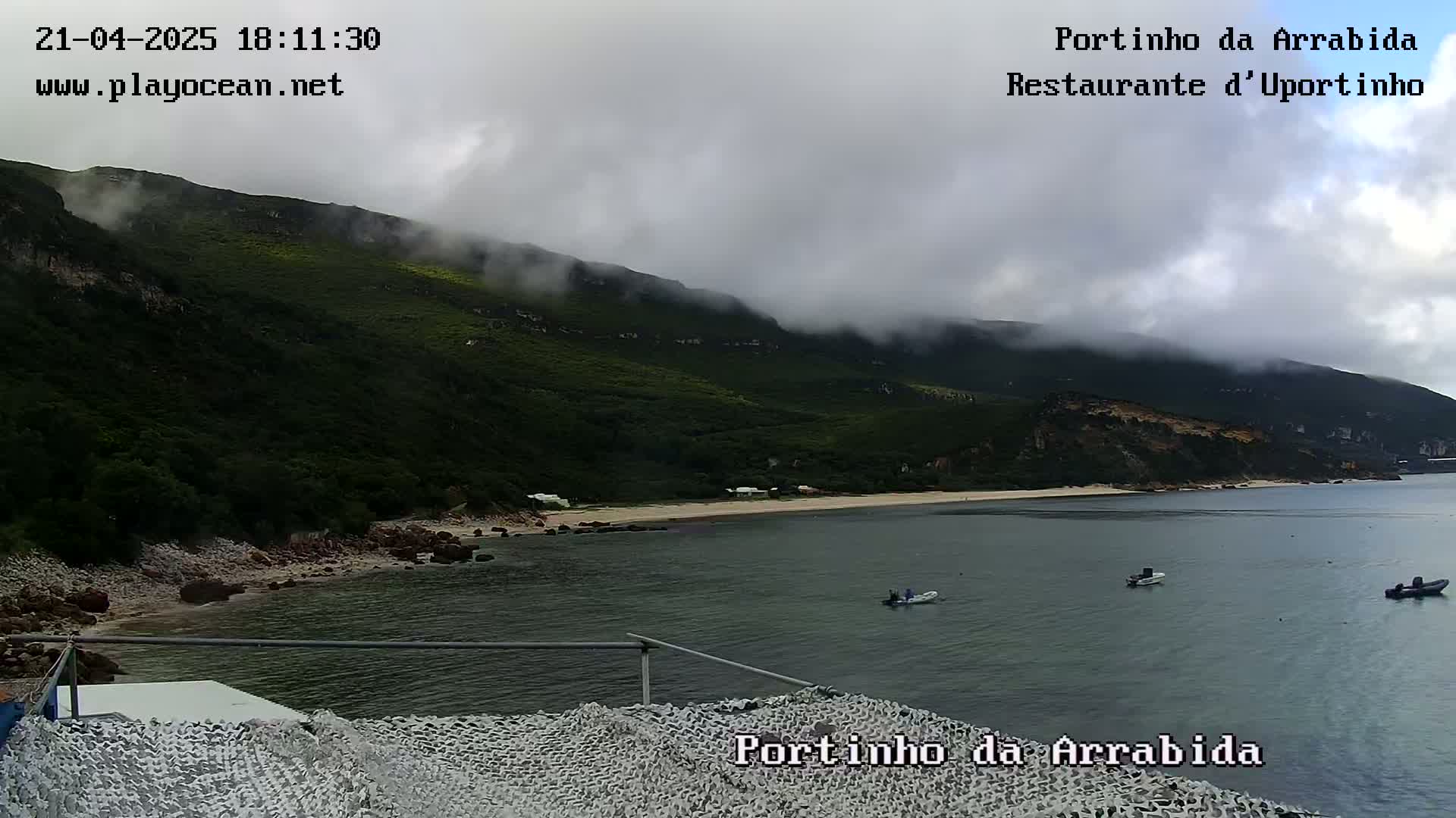 A calm bay with a few small boats is partially shrouded in fog, nestled beneath a verdant, fog-covered hillside.