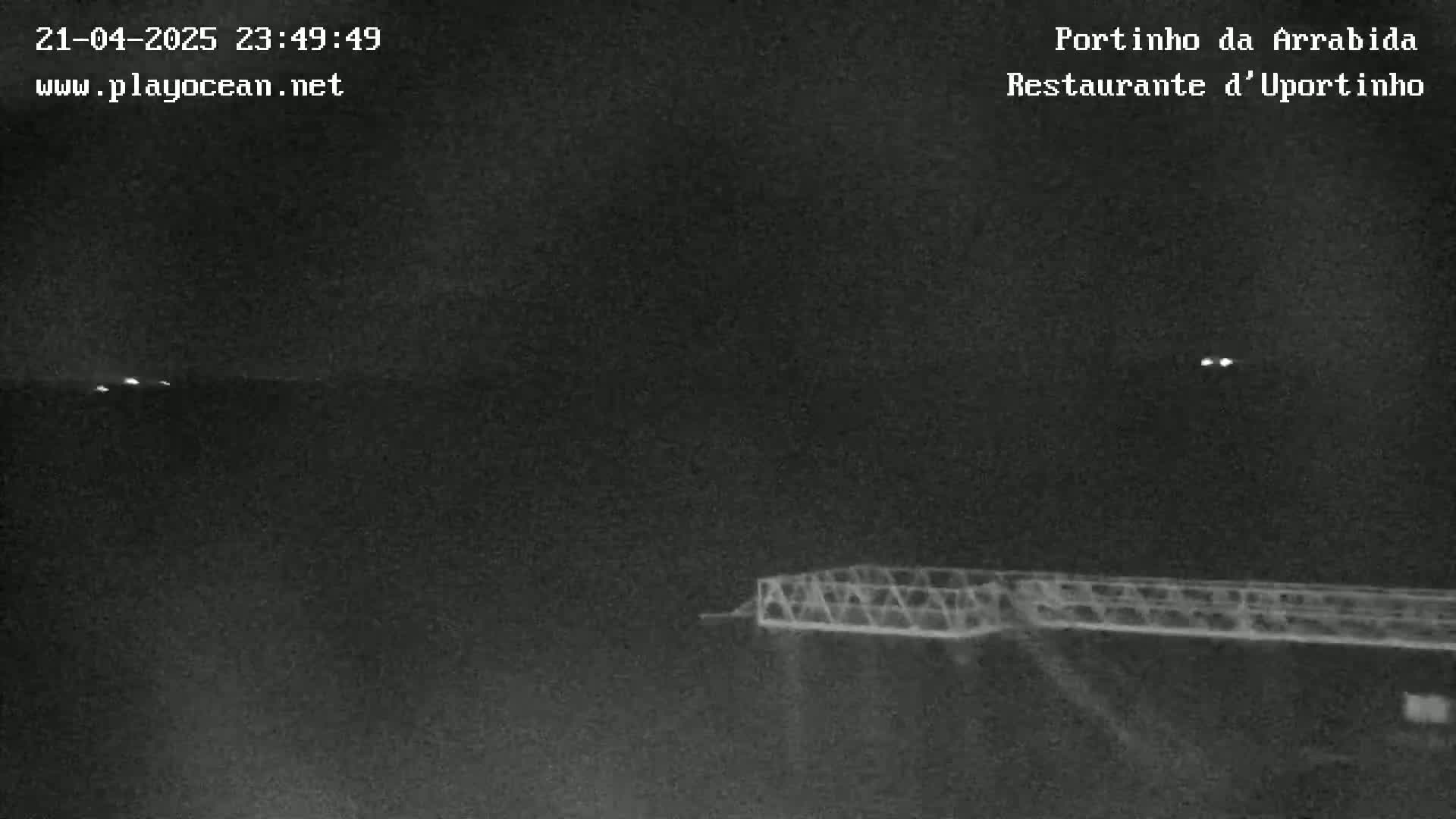 A nighttime long shot shows a metal bridge structure over dark water, with faint lights visible in the distance under a dark sky.