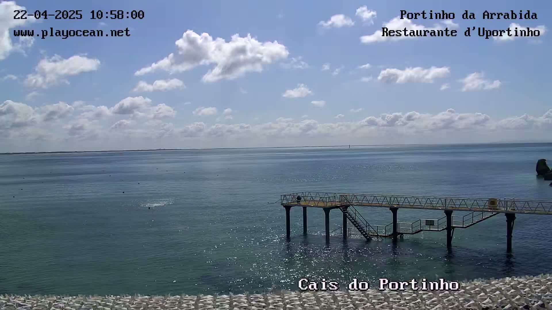 A partly cloudy sky overlooks a calm body of water with a small pier extending into it.