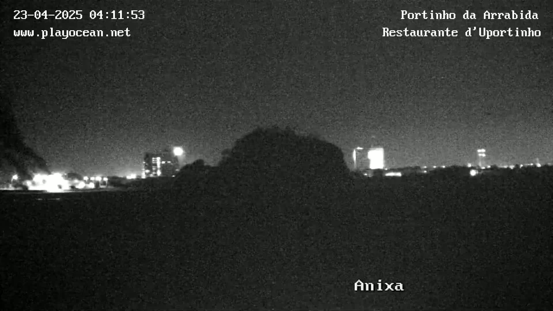 A nighttime, low-light image shows a dark landscape with city lights and buildings in the distance.