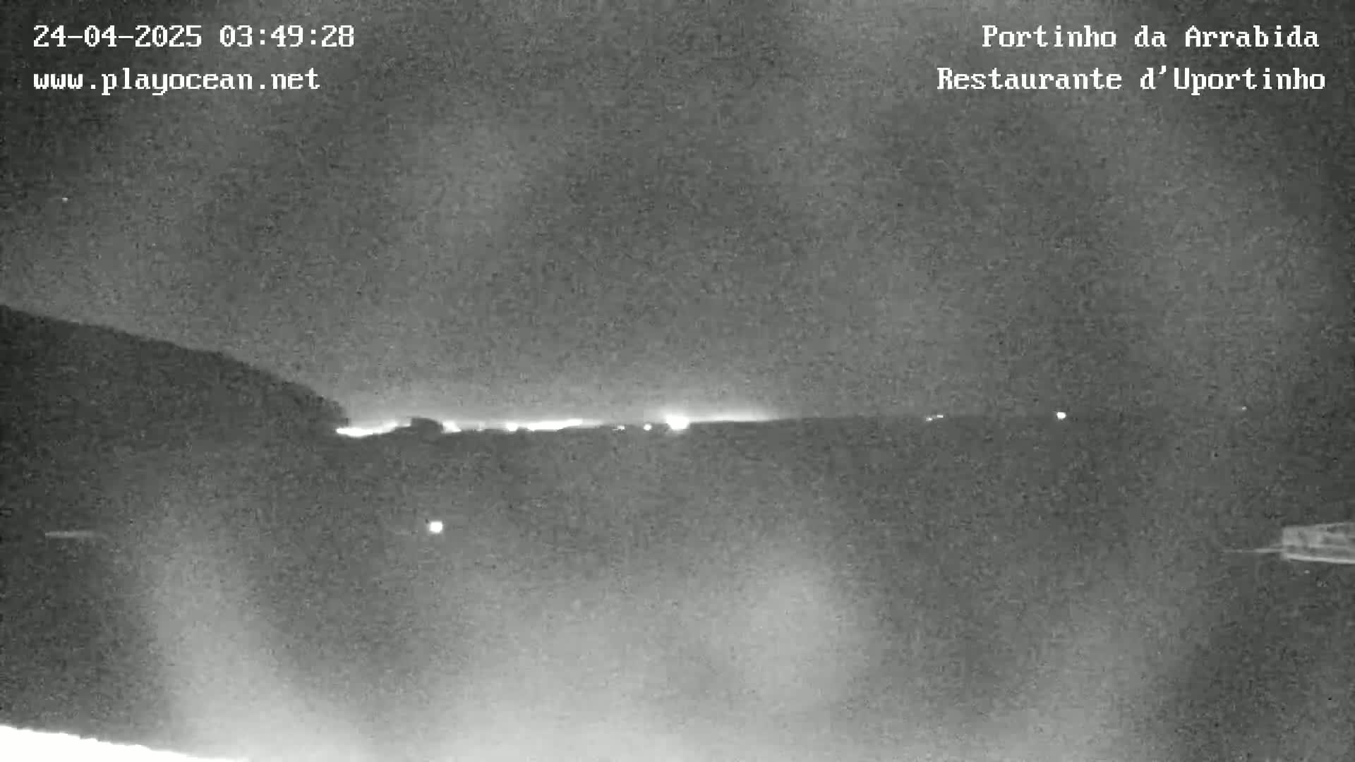 A nighttime, low-light image shows a dark landscape with a faint line of lights on the horizon.
