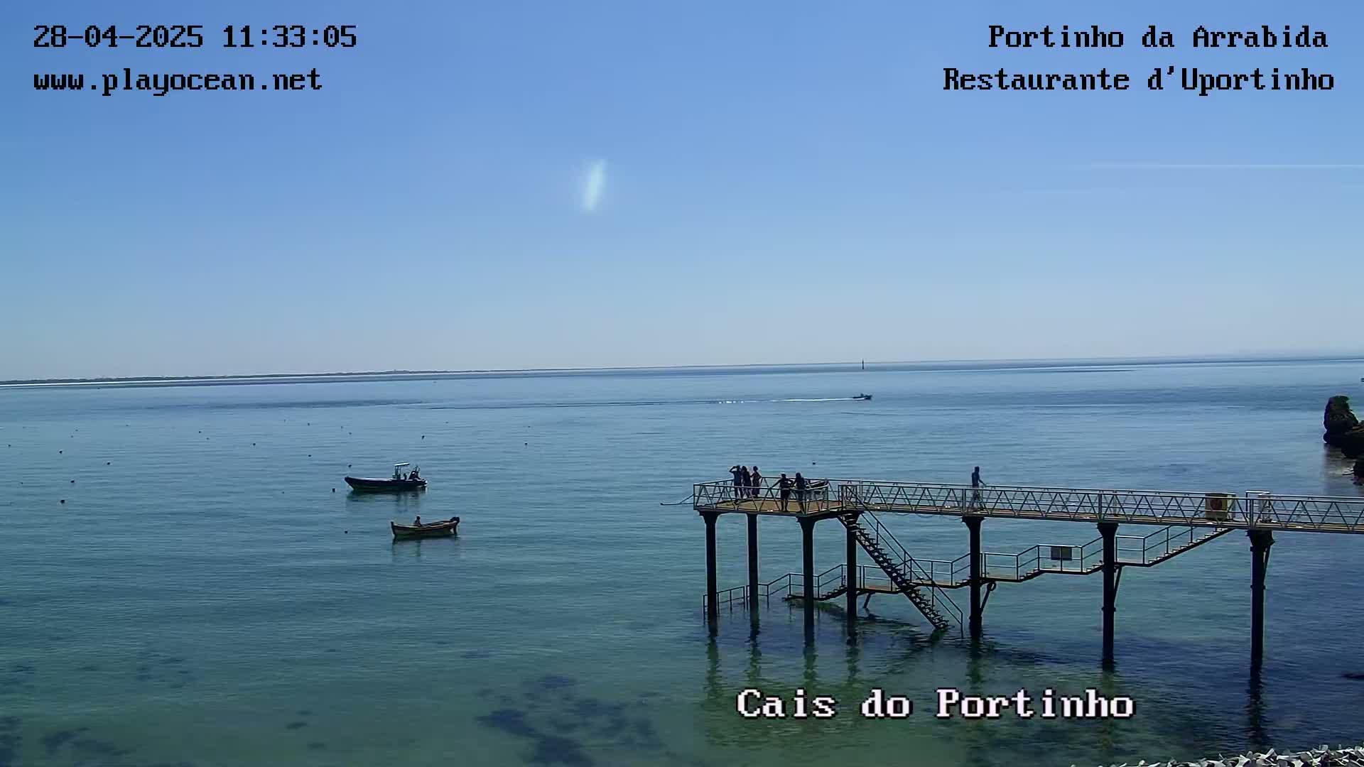 Under a clear blue sky, a calm body of water displays several small boats near a pier with people standing on it.