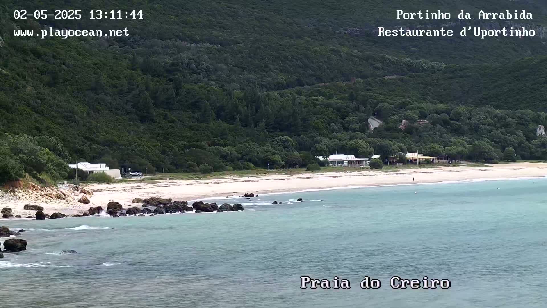 A sandy beach with calm, light-blue water is nestled against a lush, green hillside under an overcast sky.