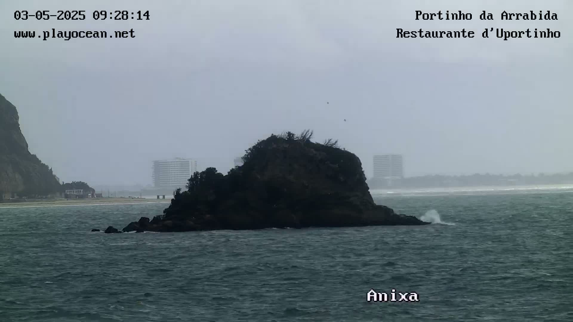 A dark rock formation sits in a choppy sea under an overcast sky, with a distant shoreline visible.