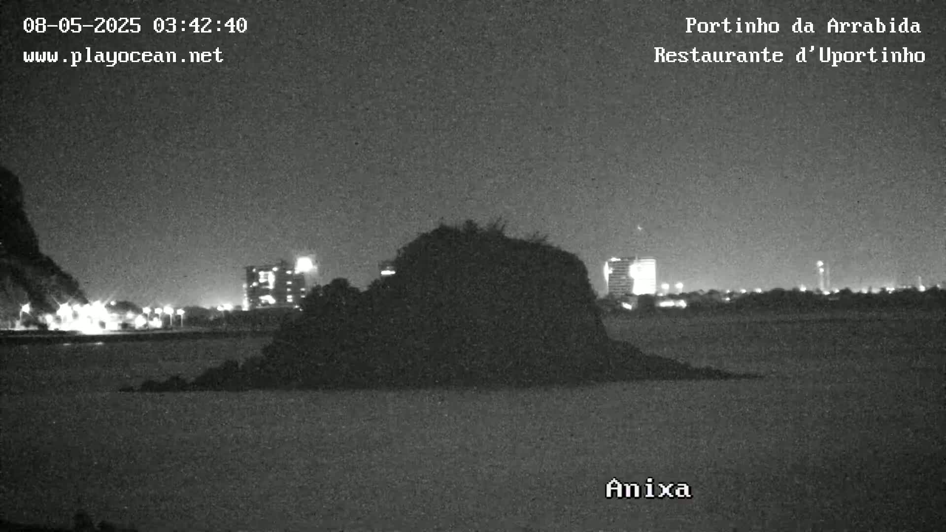 A dark, low-lying landmass is silhouetted against a nighttime cityscape with faint city lights under a dark sky.