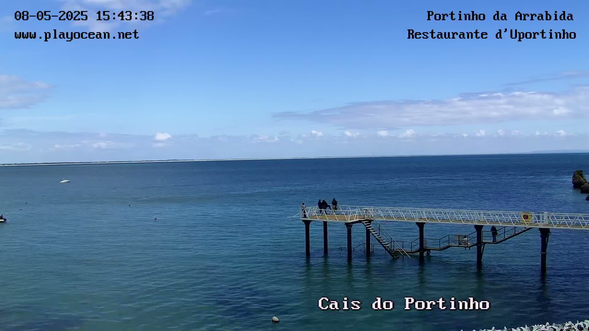 A pier extends over a calm, blue ocean under a mostly clear sky, with a few people standing on it.