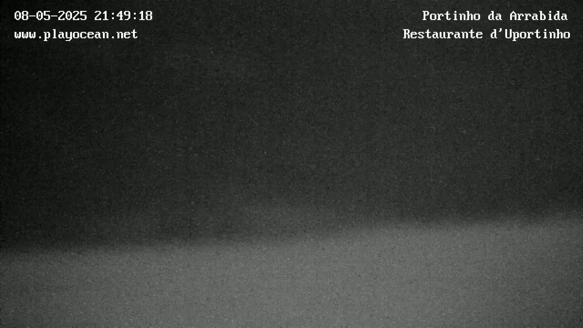 A dark, grainy image shows a nighttime scene of a dark body of water under a dark sky.