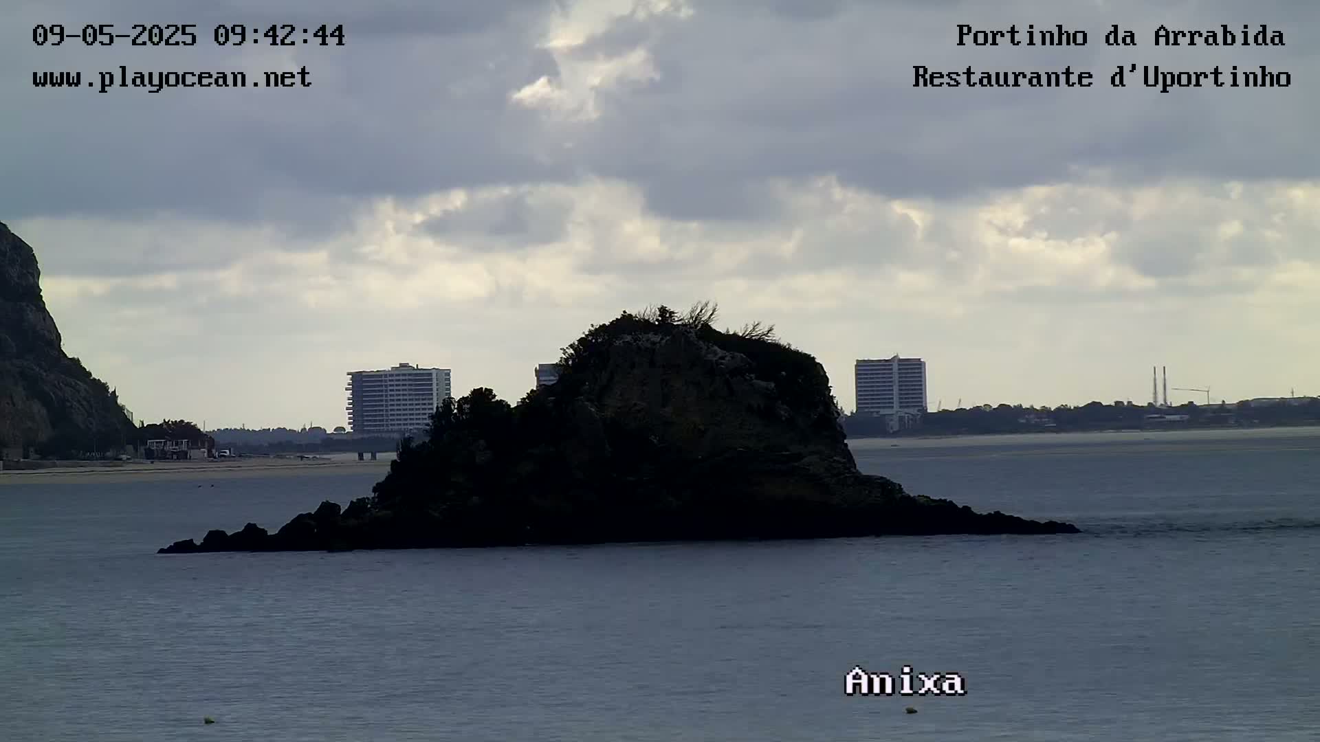 A small, dark island sits in calm, gray water under a cloudy sky, with buildings visible in the distance.
