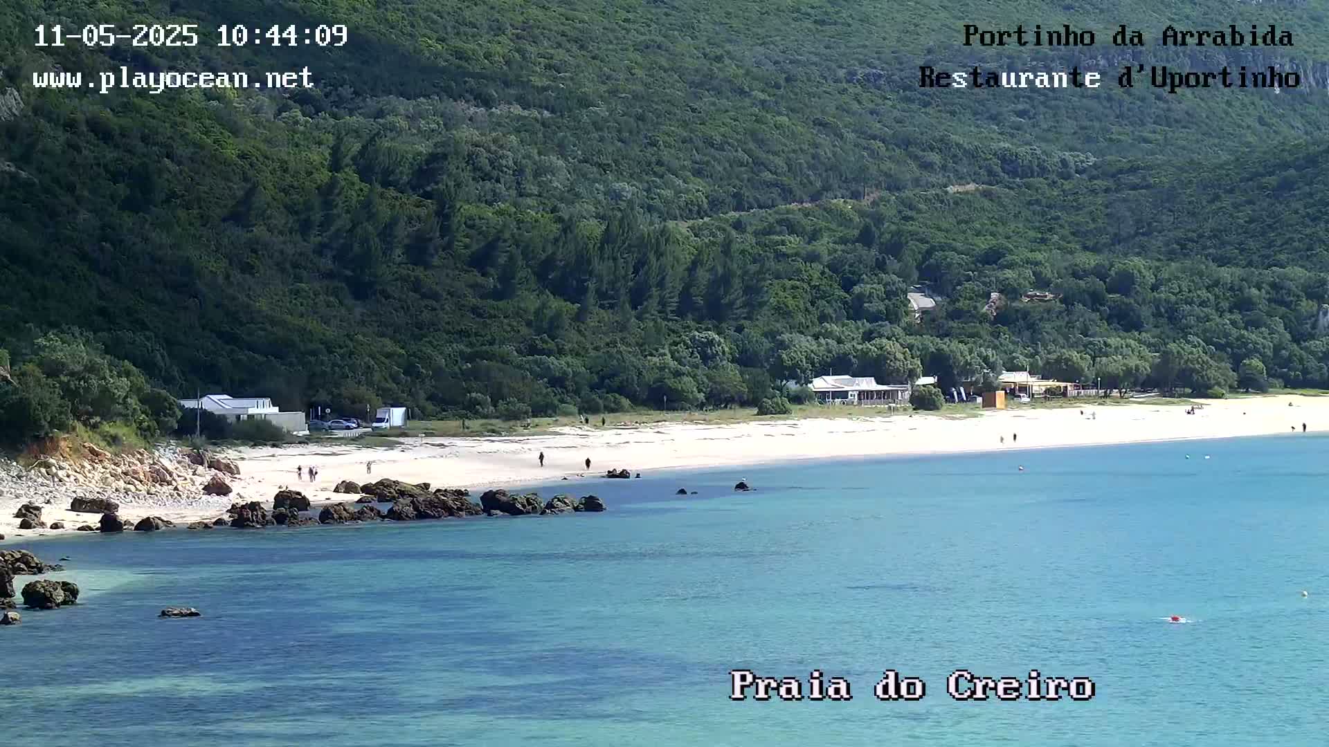A sandy beach with a few people on it sits next to calm, clear turquoise water, backed by a lush green hillside on a sunny day.