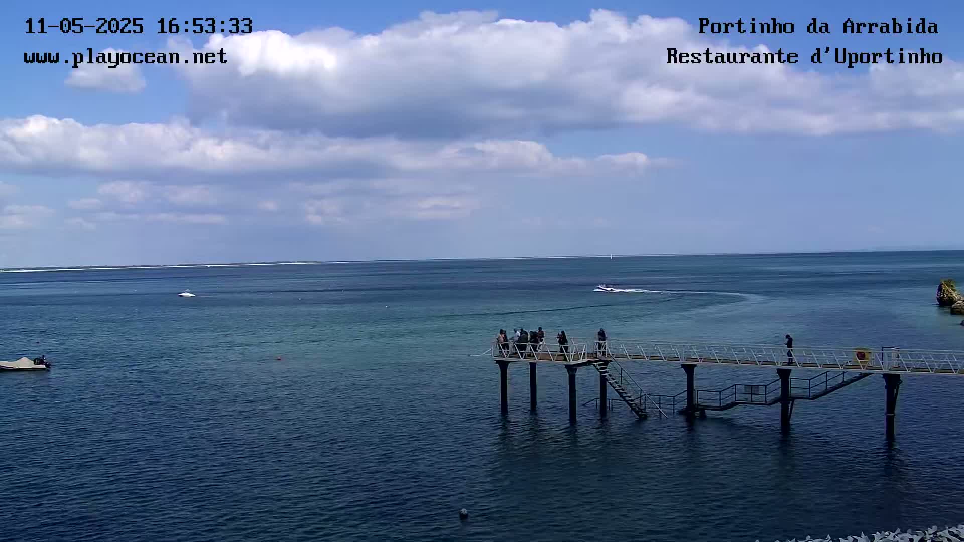 A partly cloudy sky overlooks a calm ocean with a small pier holding several people, a boat nearby, and a small rocky outcrop in the distance.