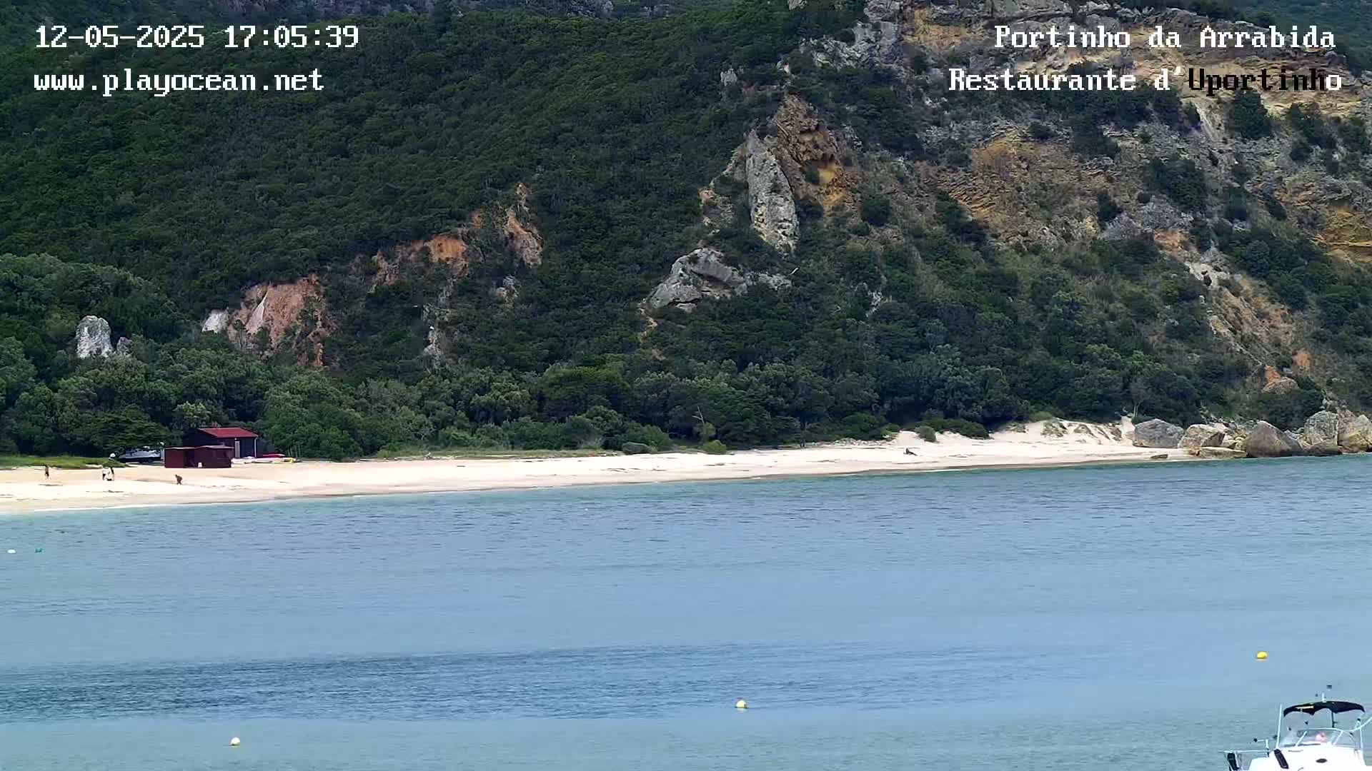 A sandy beach sits below a green, rocky hillside next to calm, blue water.