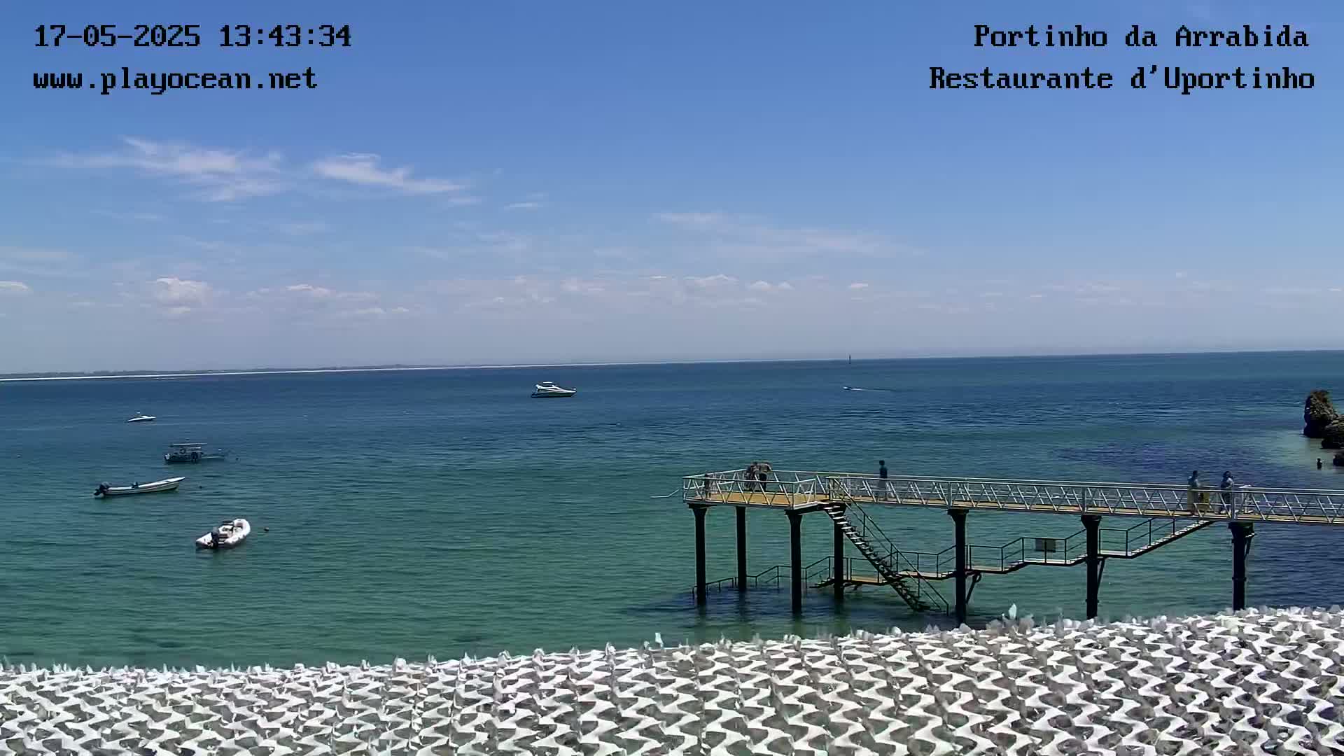 A partly cloudy day at a beach shows a calm ocean with several small boats, a pier with people on it, and a large area of folded white beach furniture.