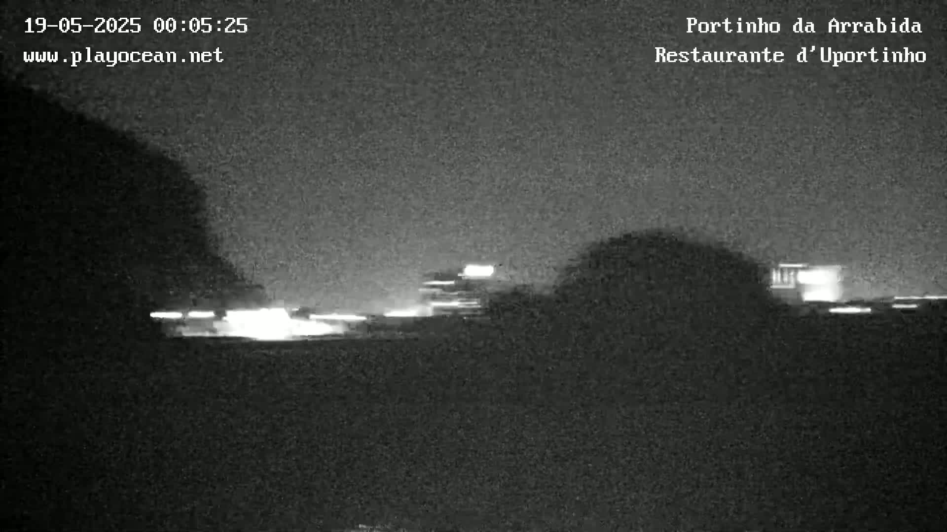 A nighttime, low-light image shows a dark landscape with faint lights from vehicles in the distance.