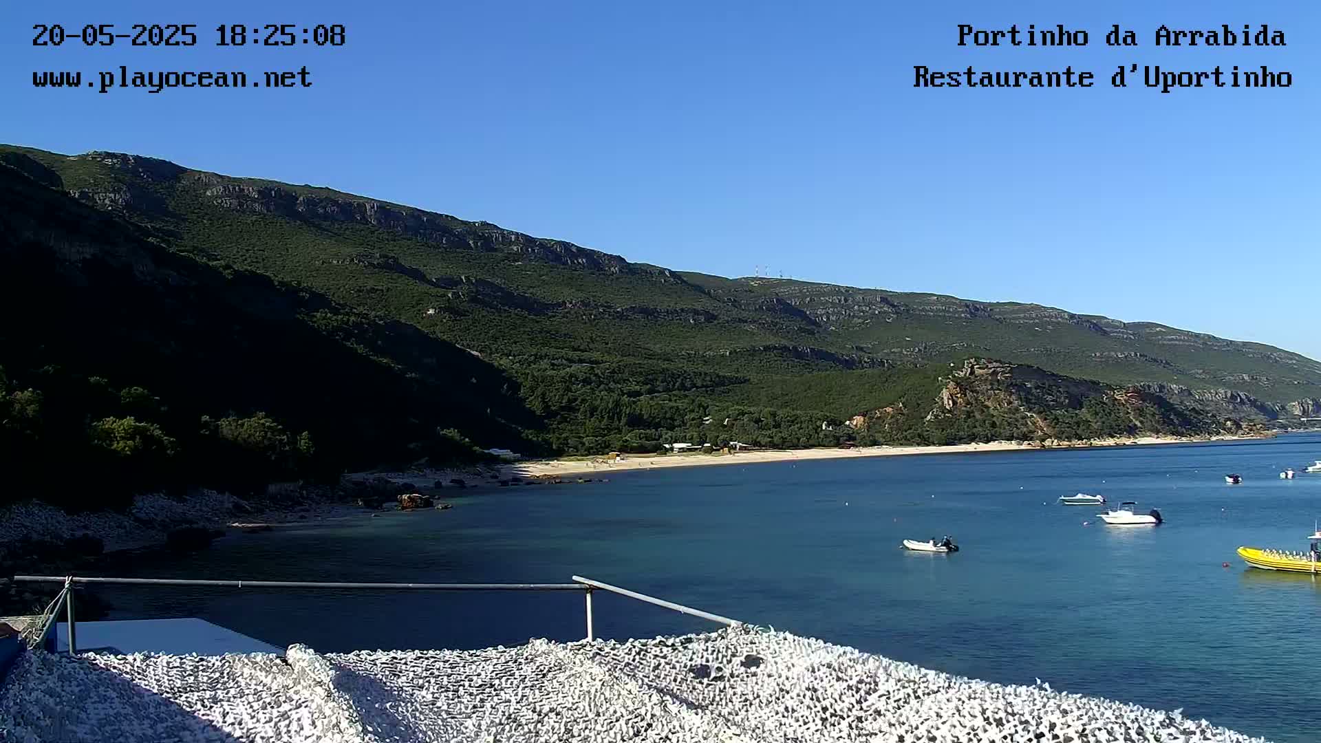 A calm, blue bay with several small boats is nestled below a verdant, mountainous coastline under a clear blue sky.