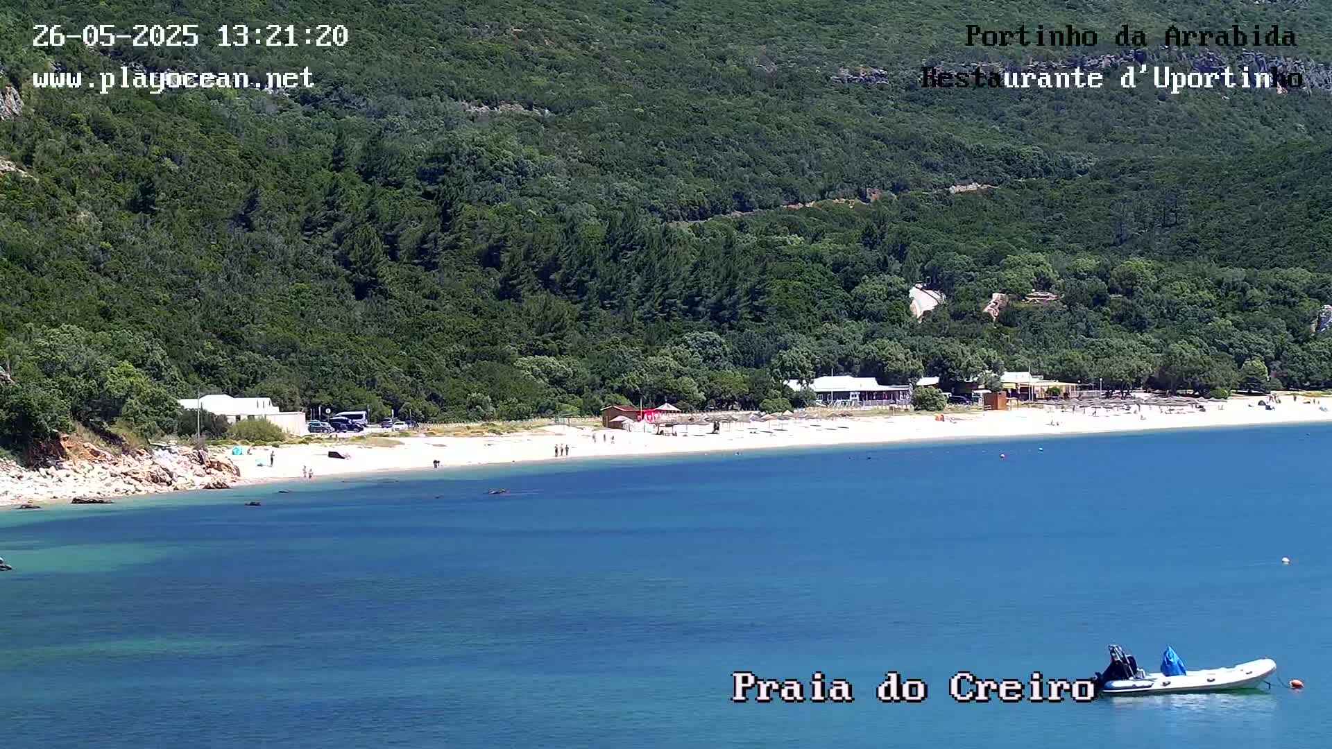 A sandy beach with a few people on it is nestled between a calm, blue ocean and a lush green hillside on a sunny day.