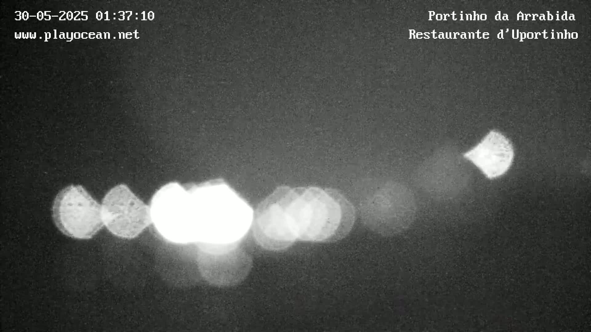 A nighttime, blurry image shows several out-of-focus bright lights against a dark background.