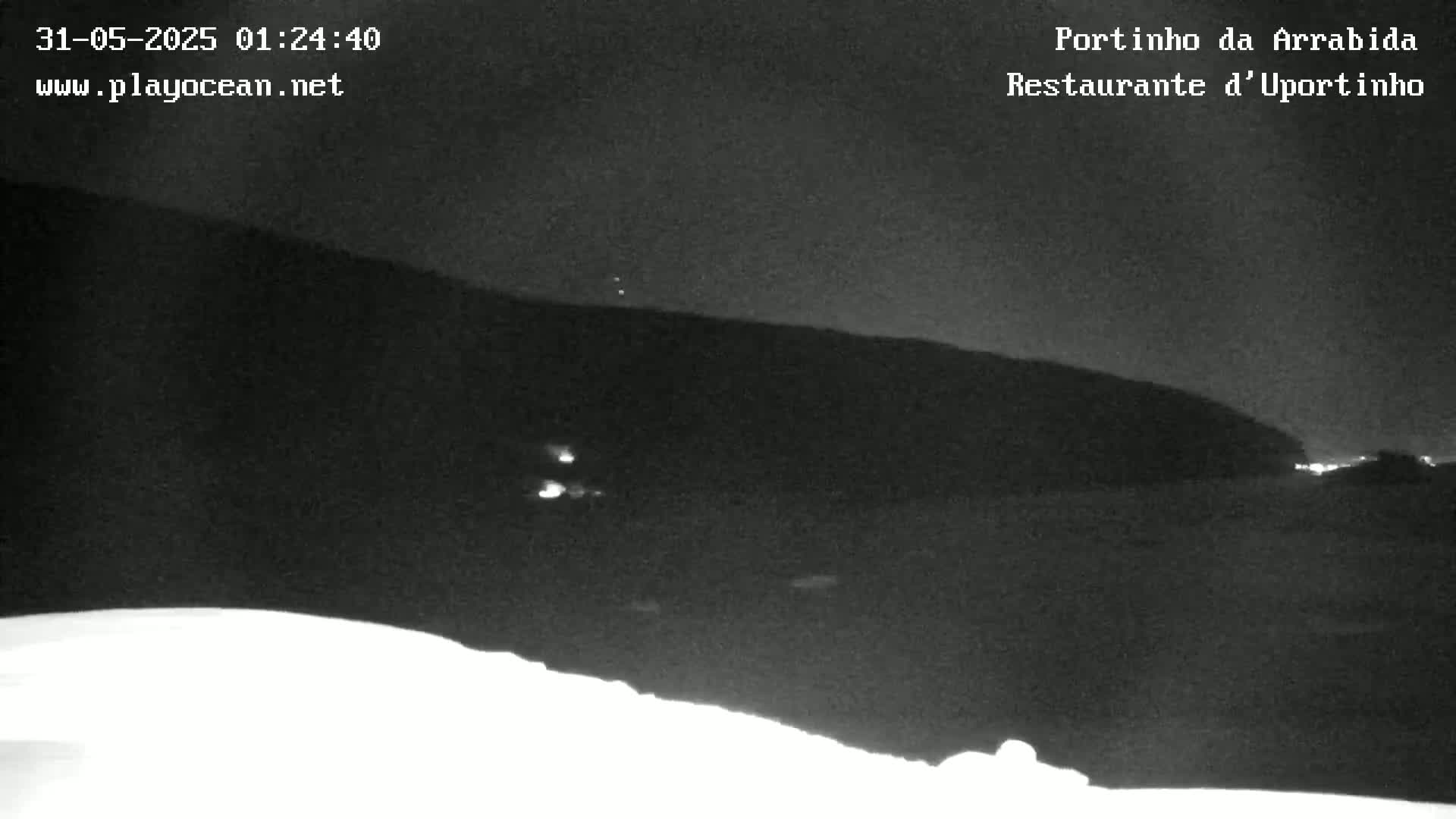 A nighttime, low-light image shows a dark hillside and a body of water, with a few faint lights visible in the distance.
