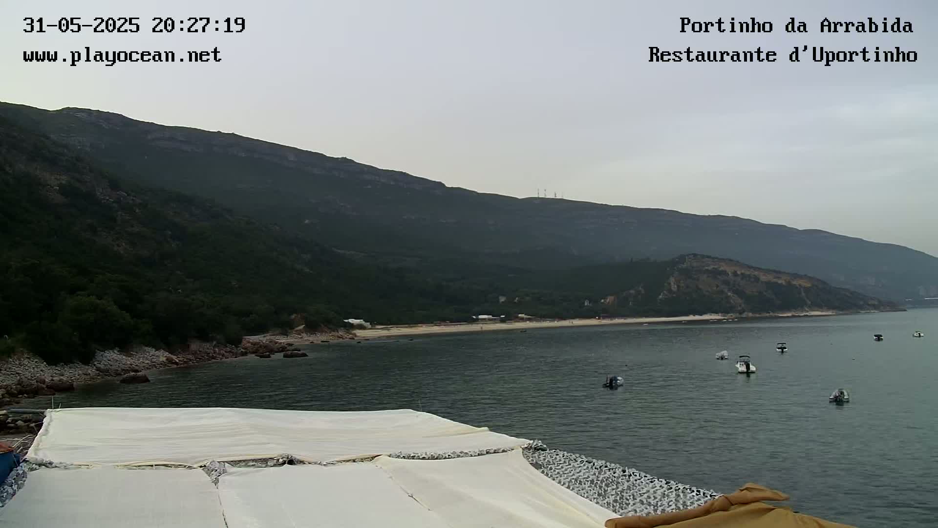 A calm, overcast day reveals a tranquil beach nestled beside a verdant hillside and a calm bay dotted with several small boats.