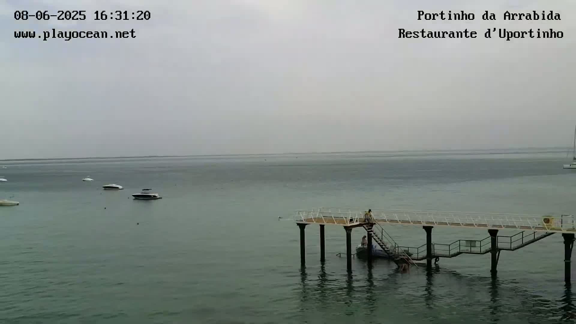 A calm, hazy body of water is shown with several small boats and a pier with people on it.