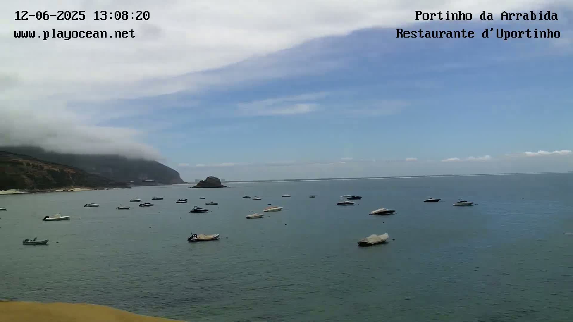 Numerous small boats are scattered across a calm bay, with a partially cloudy sky and a large, fog-covered hill in the background.