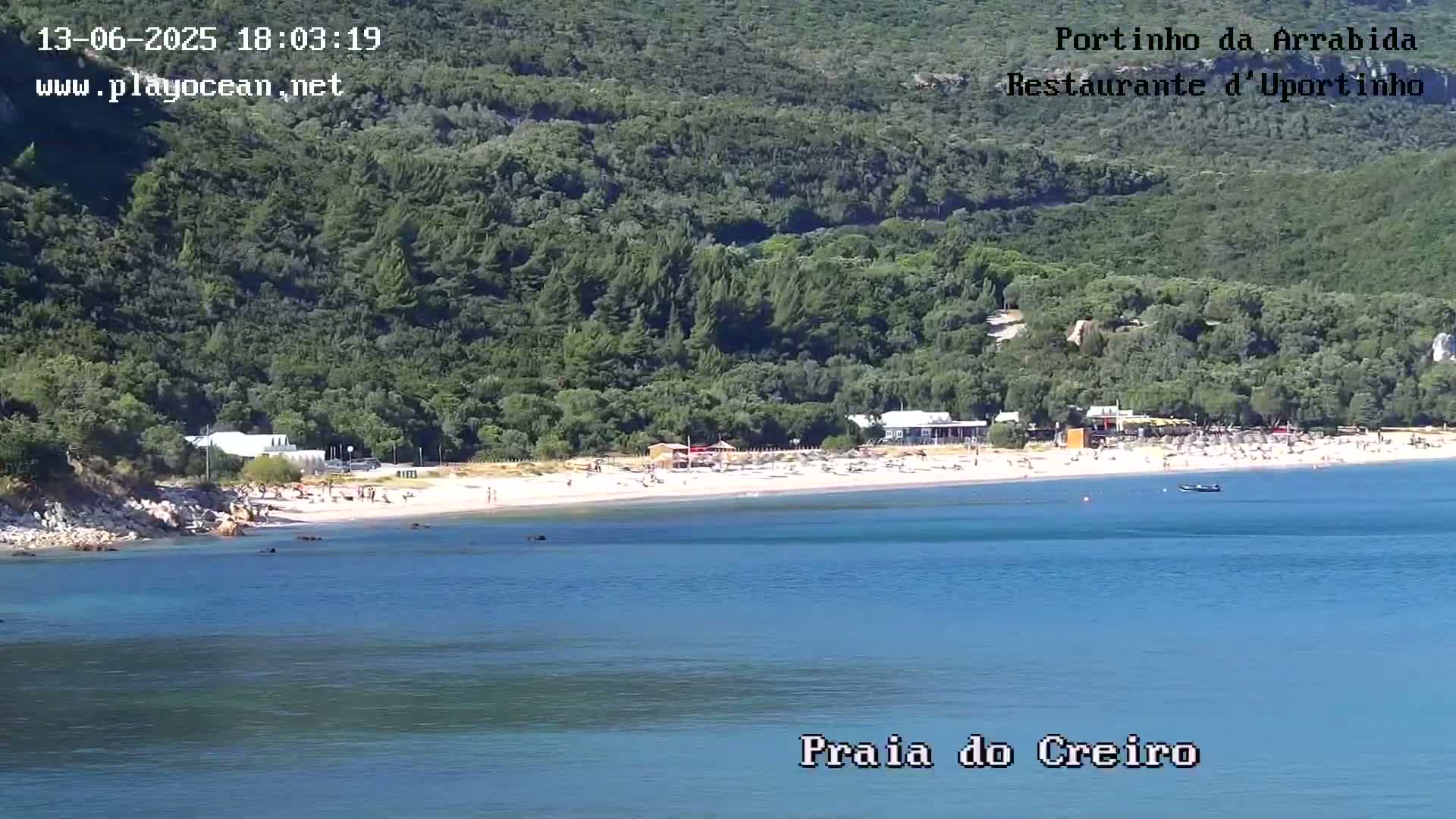 A sandy beach with people on it is situated below a lush green hillside, overlooking calm blue water.
