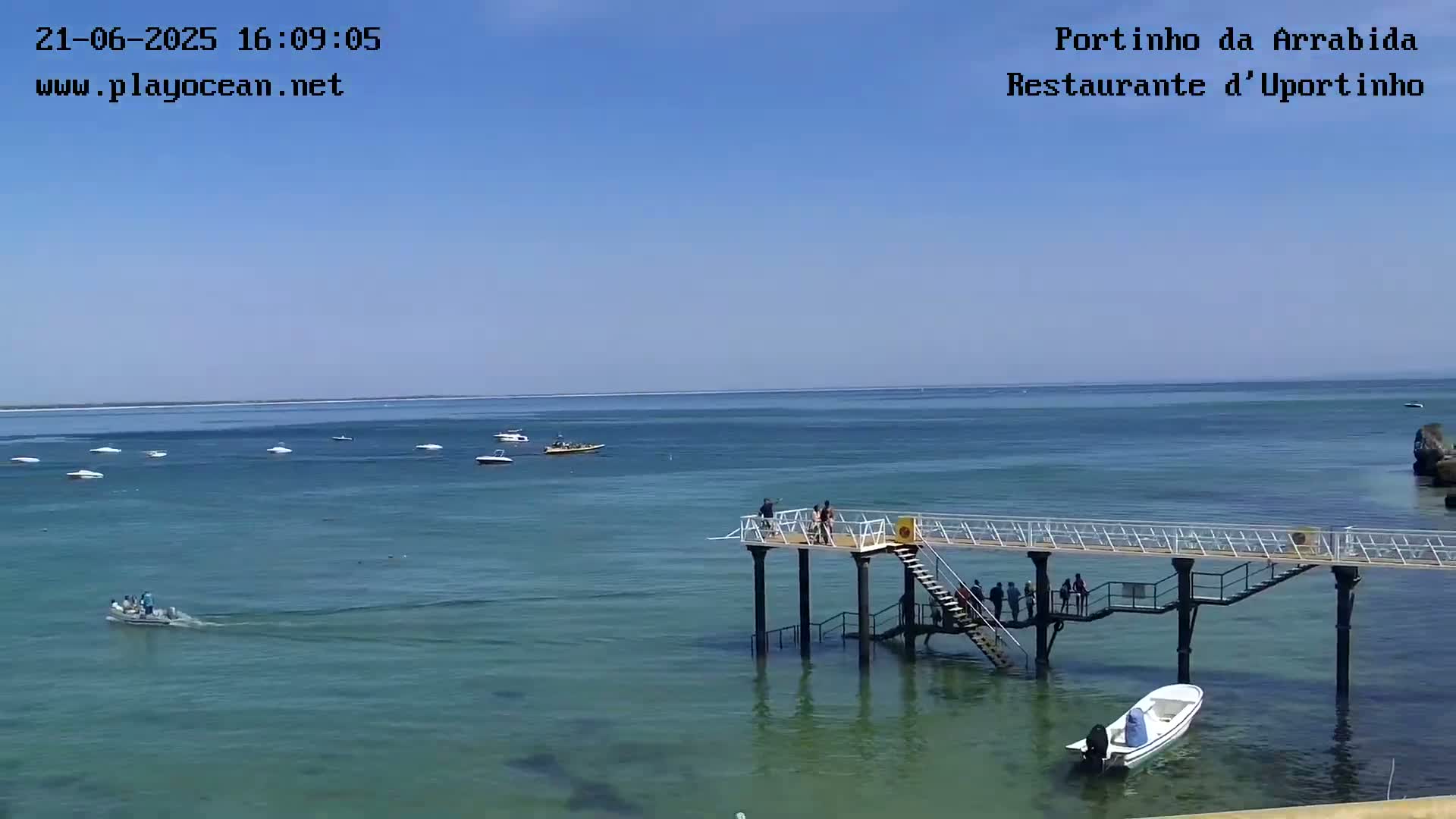 A calm, sunny day shows several small boats in a clear body of water near a pier with people on it.