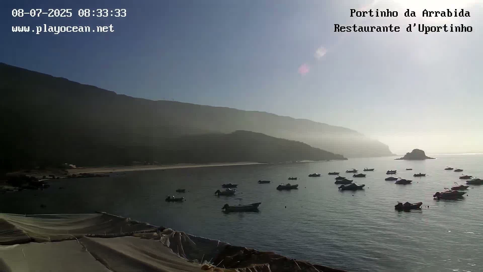 Numerous small boats are moored in a calm bay nestled against a hazy, mountainous coastline under a clear sky.