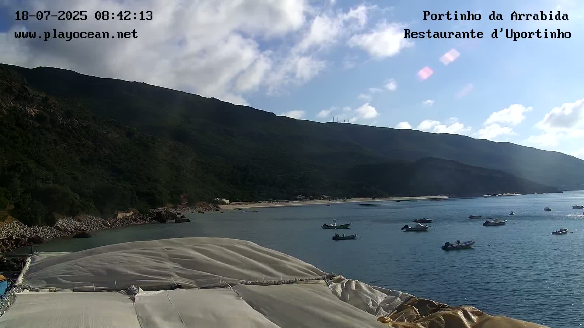 A partly cloudy day reveals a calm bay with several small boats, nestled against a verdant mountainside and a sandy beach.