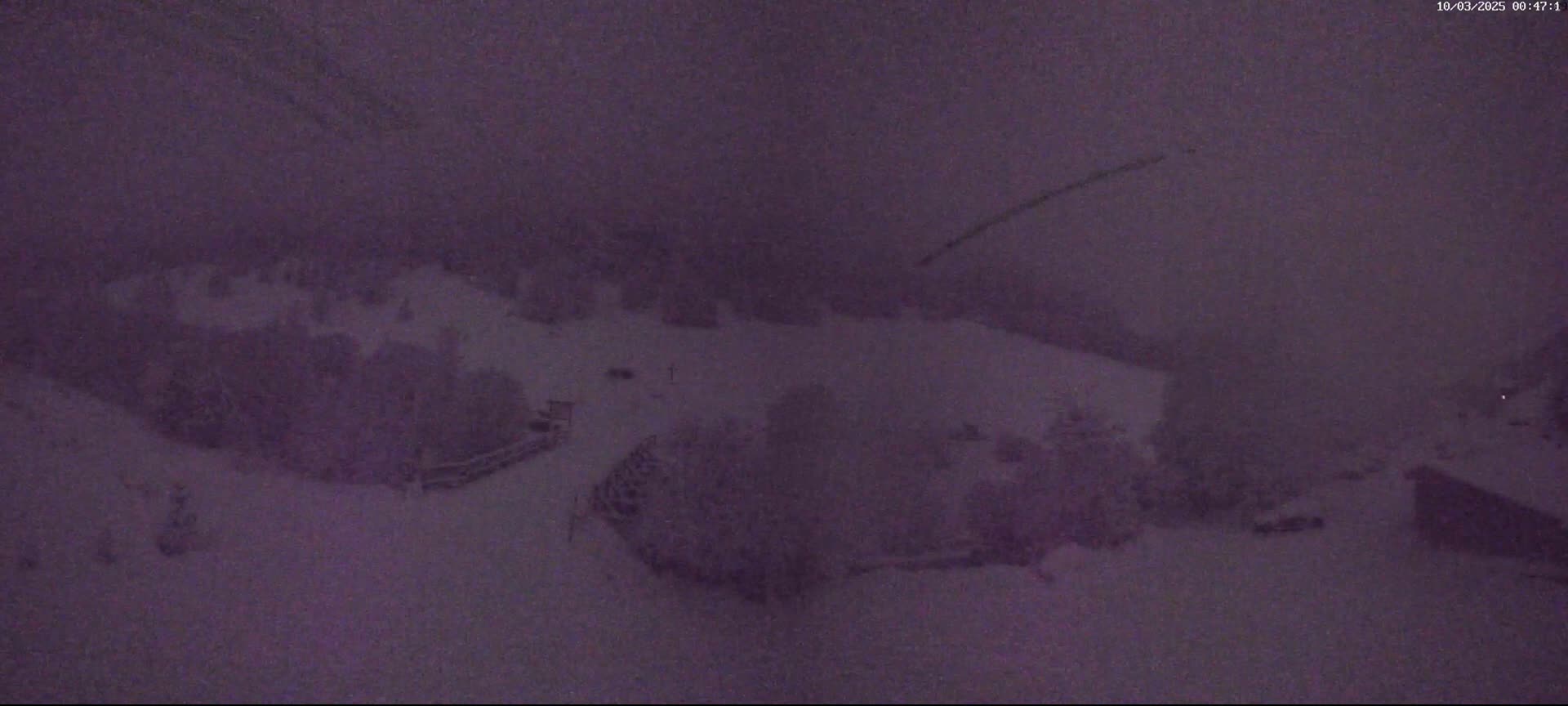 A snow-covered landscape is visible at night under heavy snowfall.