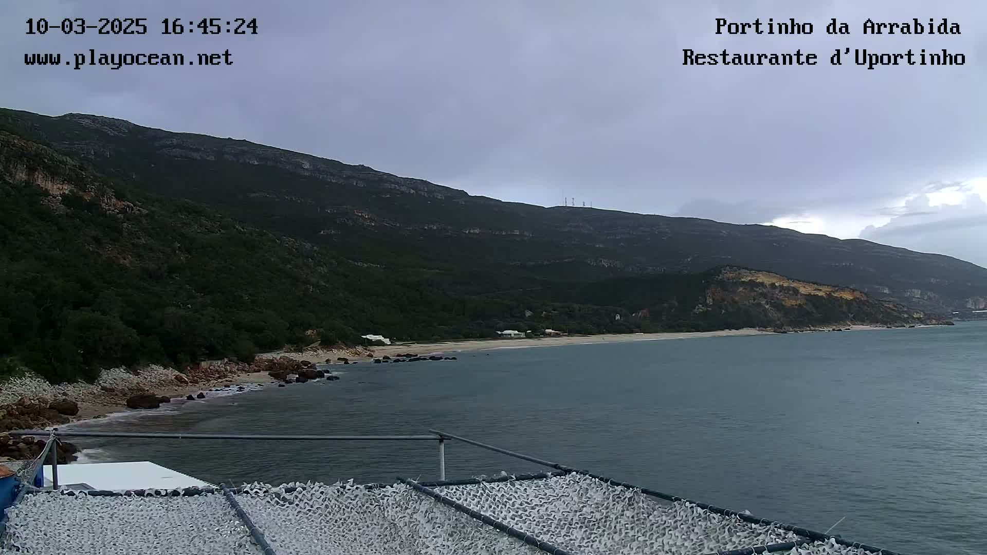 A rocky, wooded hillside overlooks a calm bay with a sandy beach under an overcast sky.