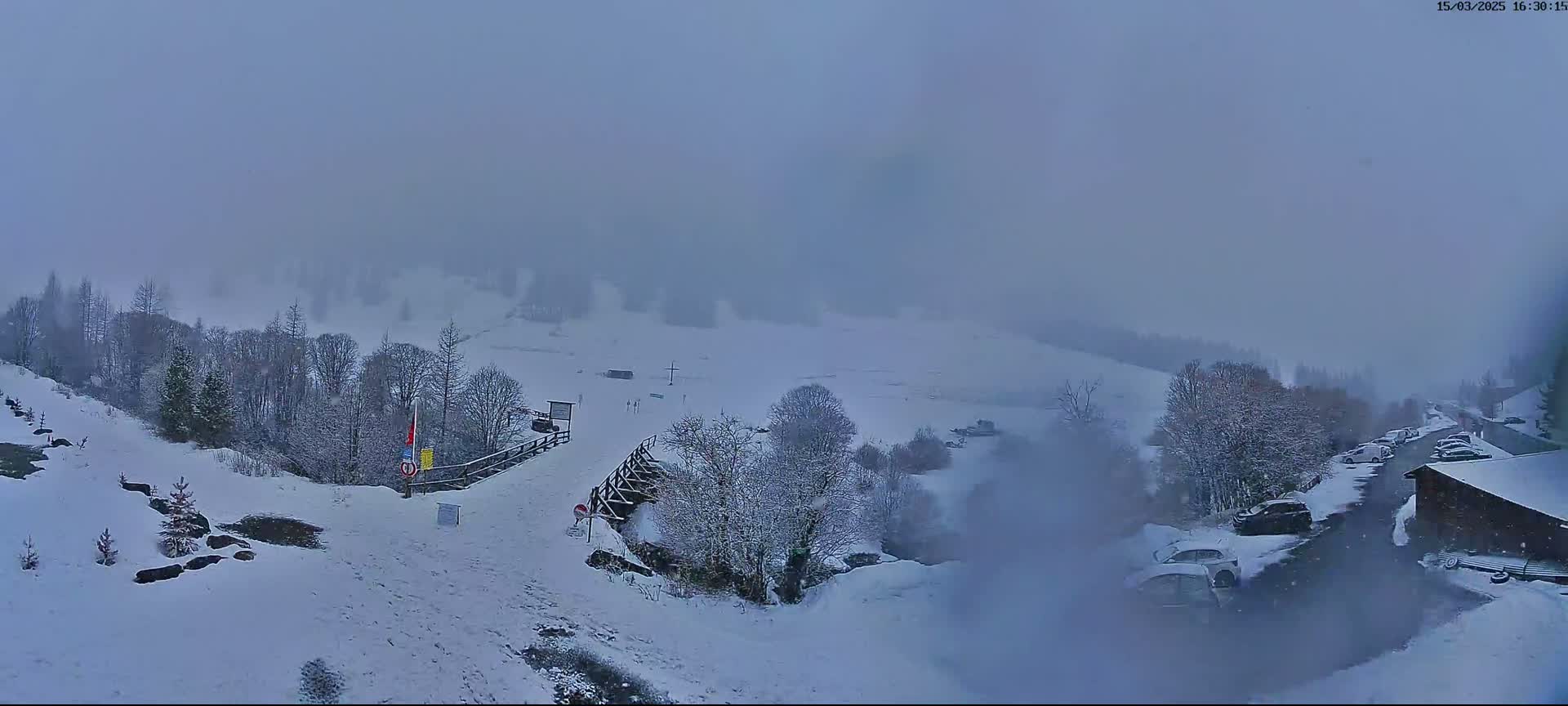 A snow-covered landscape with trees and a few cars parked near buildings, viewed on a foggy day.