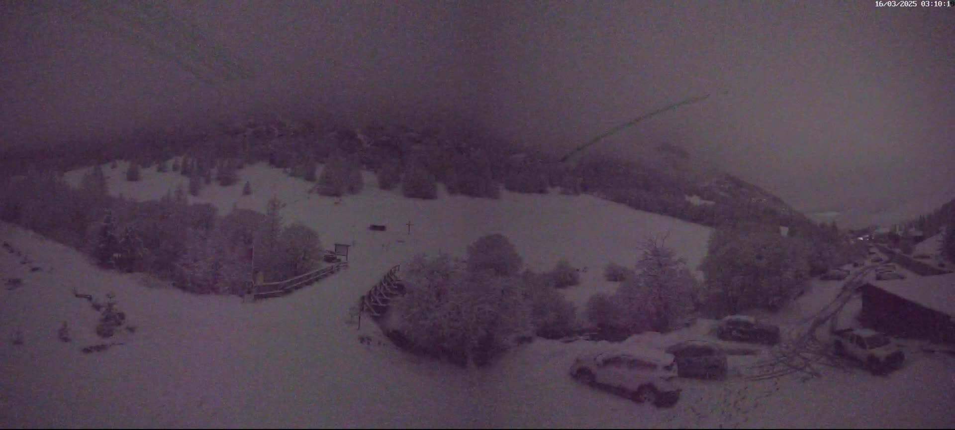 A snow-covered landscape at night, with a few vehicles parked near snow-covered trees and buildings under a dark, overcast sky.