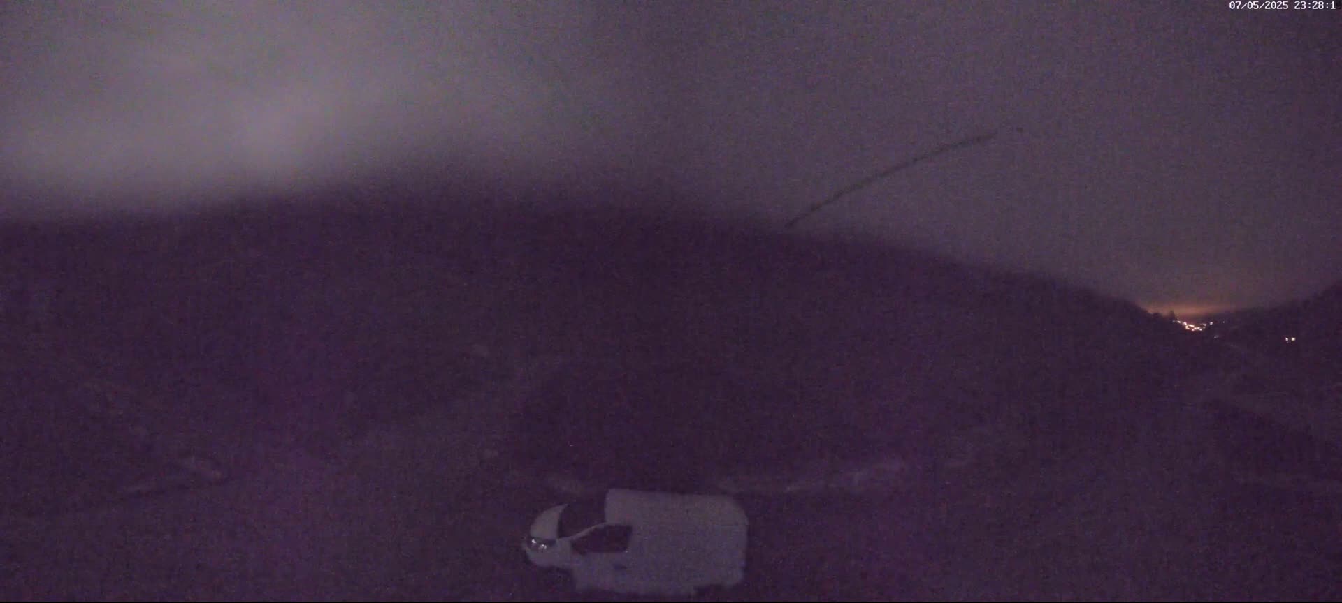 A white van is parked in a dark, outdoor area under a mostly cloudy night sky.