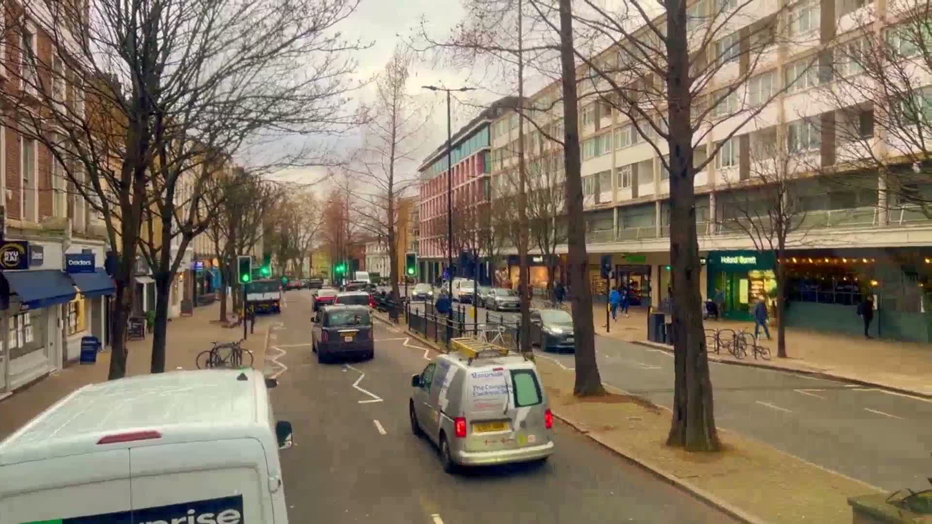 A street scene on an overcast day shows several cars driving past shops and buildings lined with bare trees.
