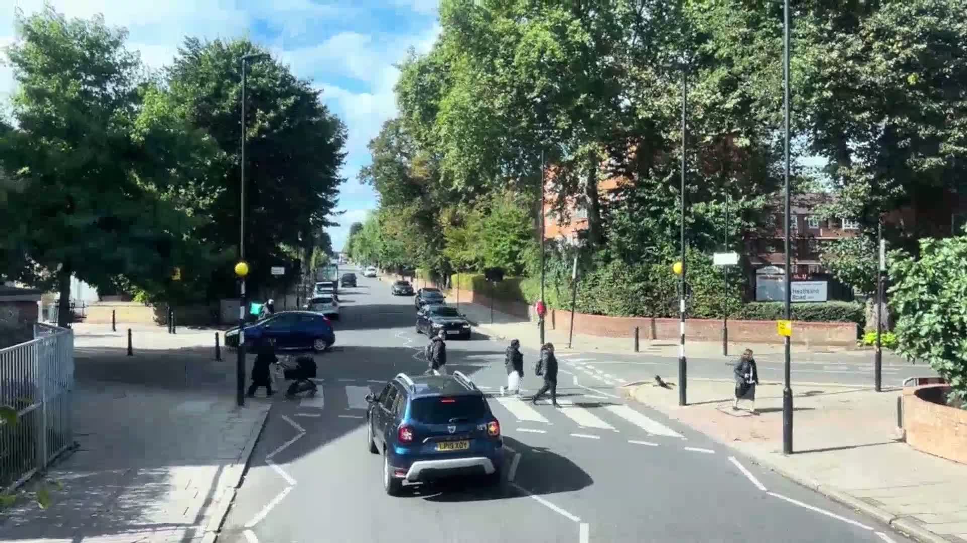 A sunny day shows several cars driving on a tree-lined road, with pedestrians crossing a crosswalk.
