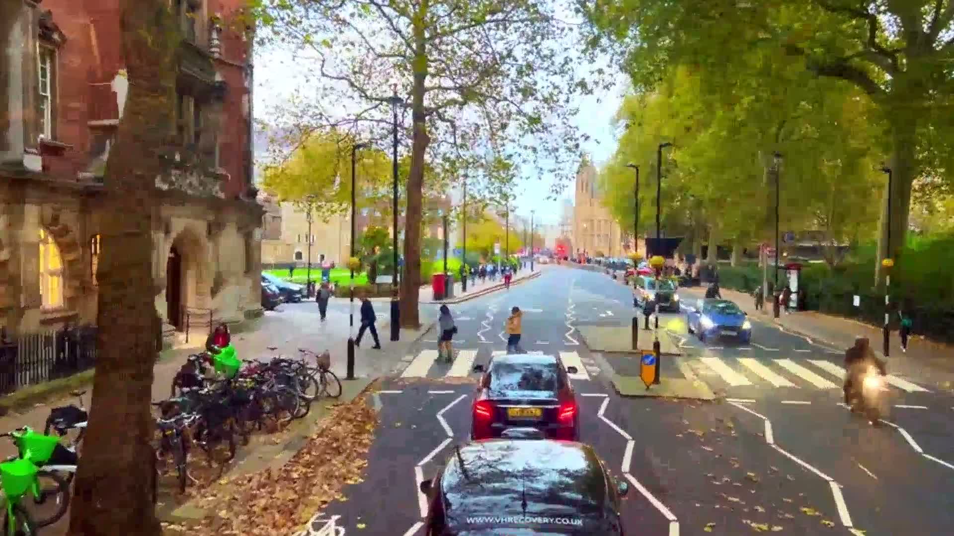 Pedestrians cross a street lined with trees displaying autumn leaves, while cars and a motorcyclist navigate a roadway flanked by older buildings.