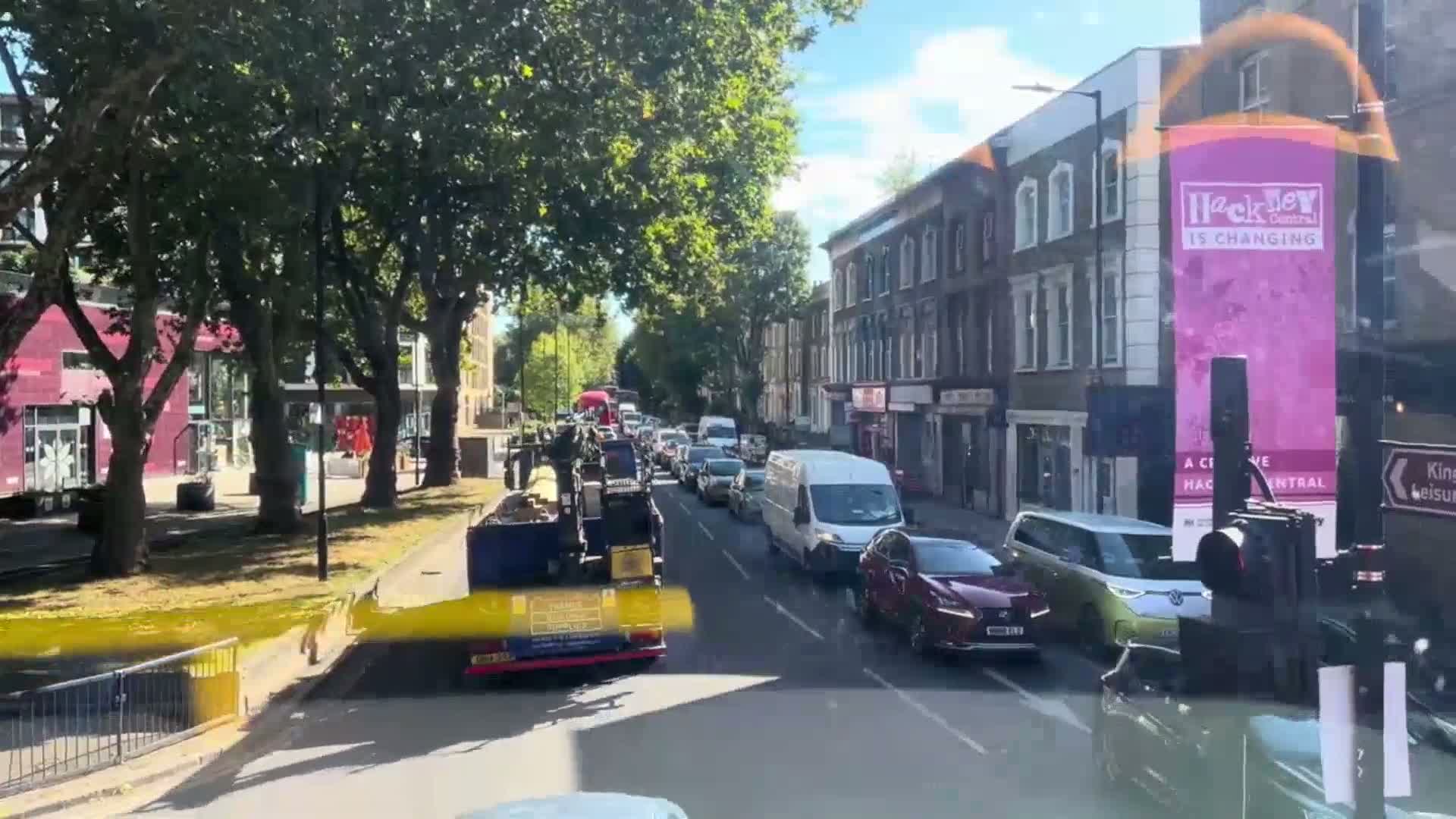 A sunny day shows a line of cars driving down a city street lined with trees and buildings.