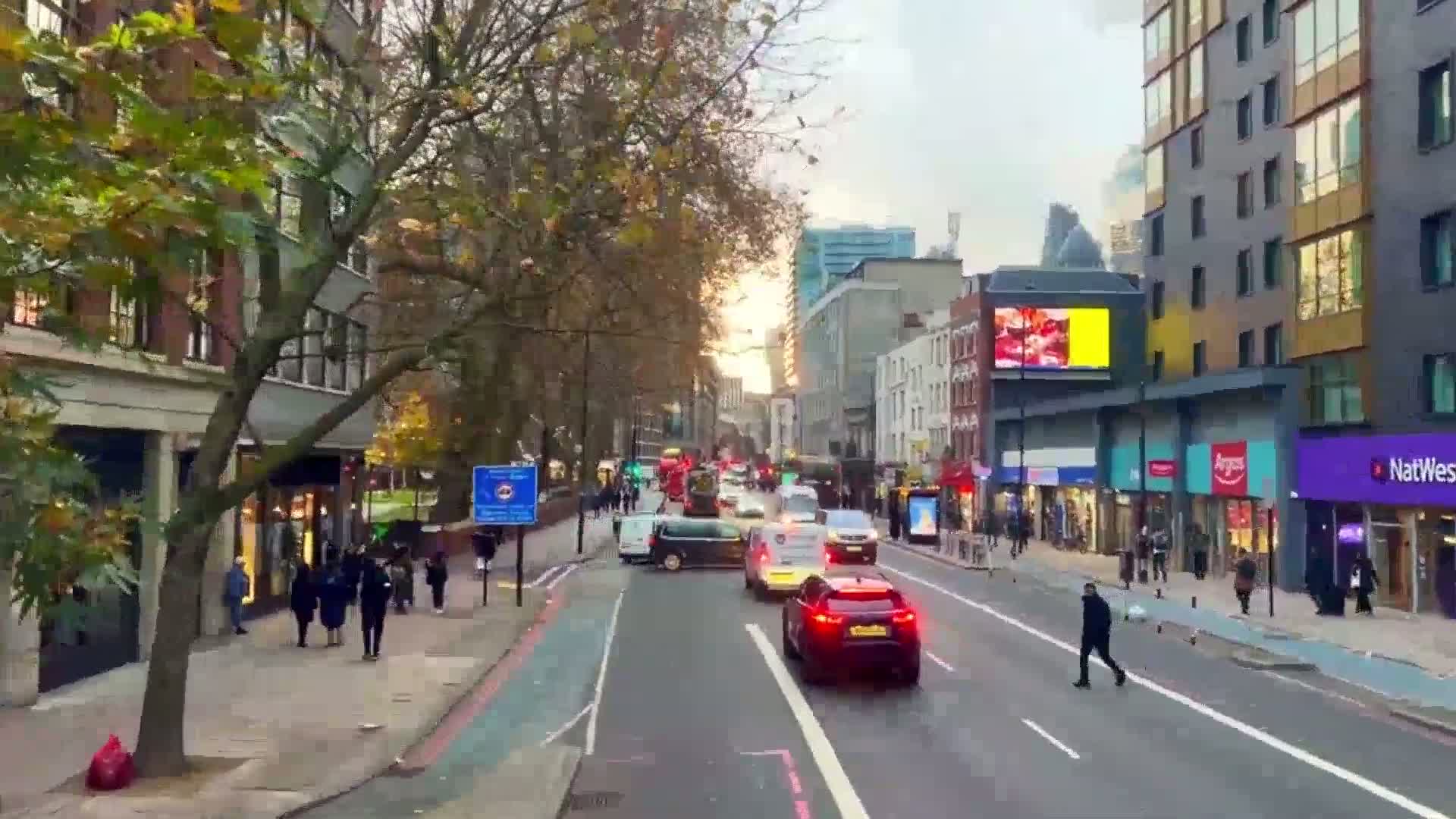 A city street with late afternoon sun, autumn trees, and moderate traffic flows between buildings with shops on either side.