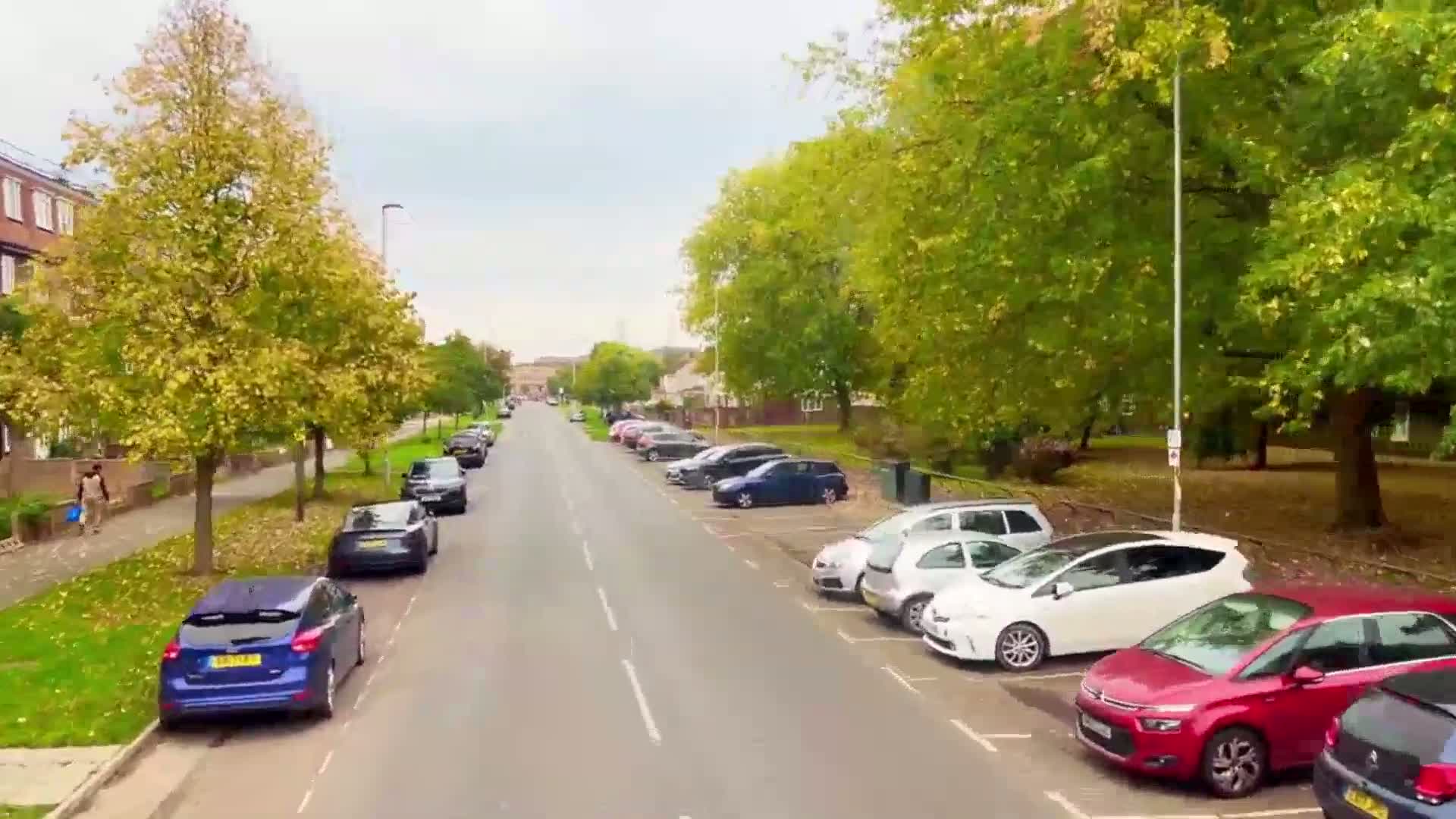 A residential street lined with cars parked on either side, under an overcast sky, shows trees with autumnal leaves.