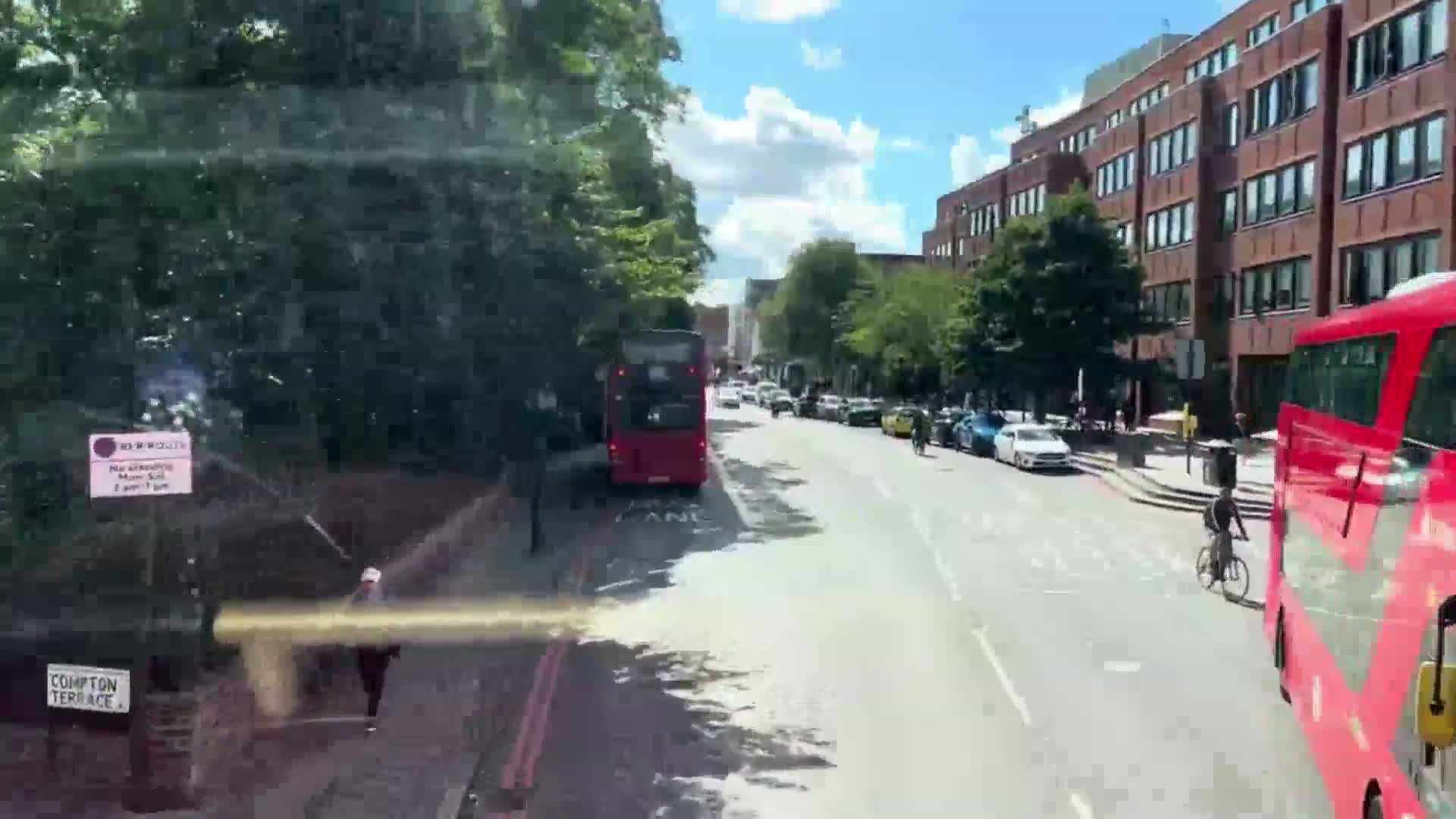 A sunny day shows a street scene with two double-decker buses, several cars, a cyclist, and some pedestrians, all near buildings lined with trees.