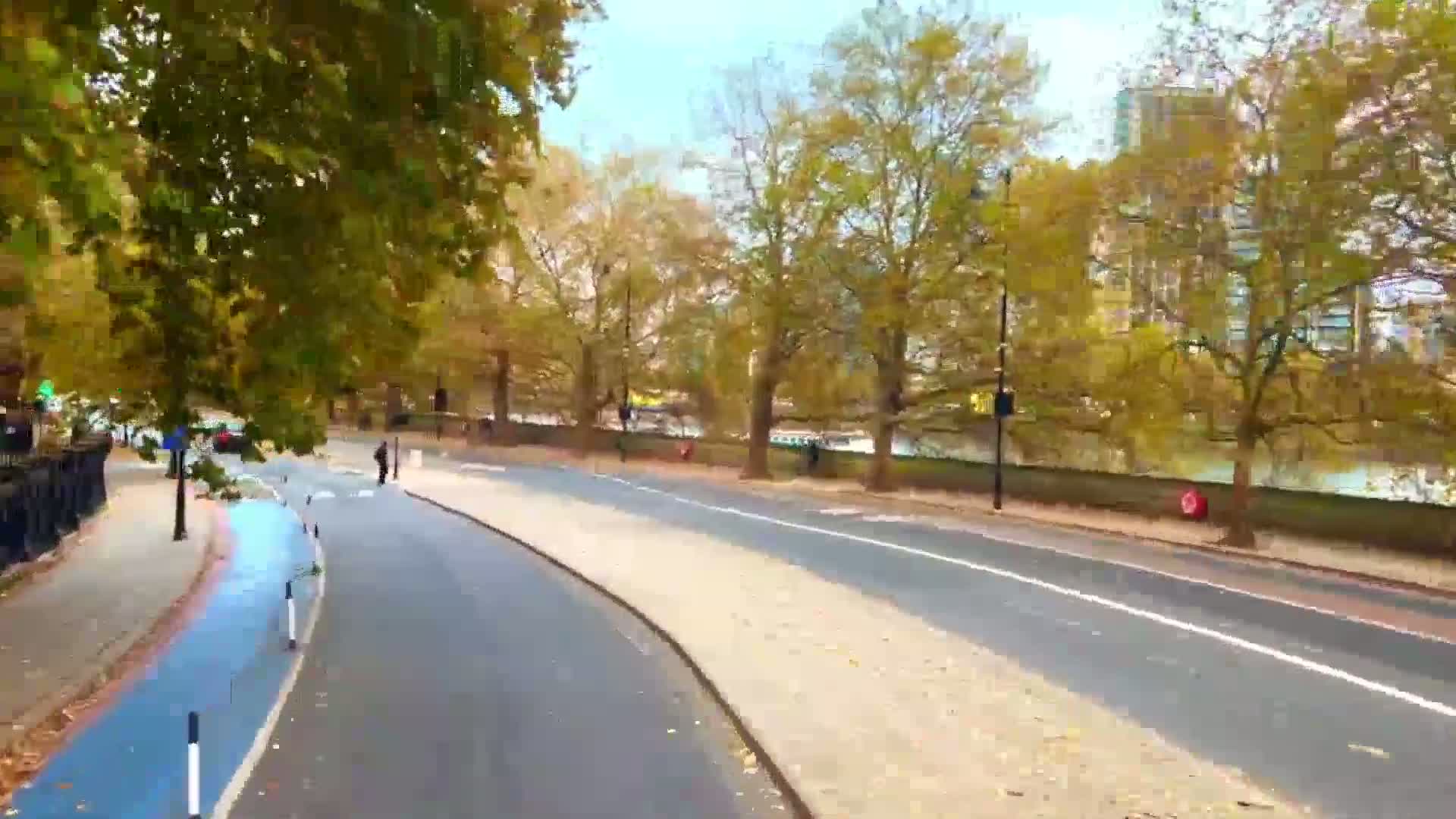 A paved road with a bike lane curves through a park-like setting under a partly sunny sky, lined with autumnal trees showing yellow and green leaves.