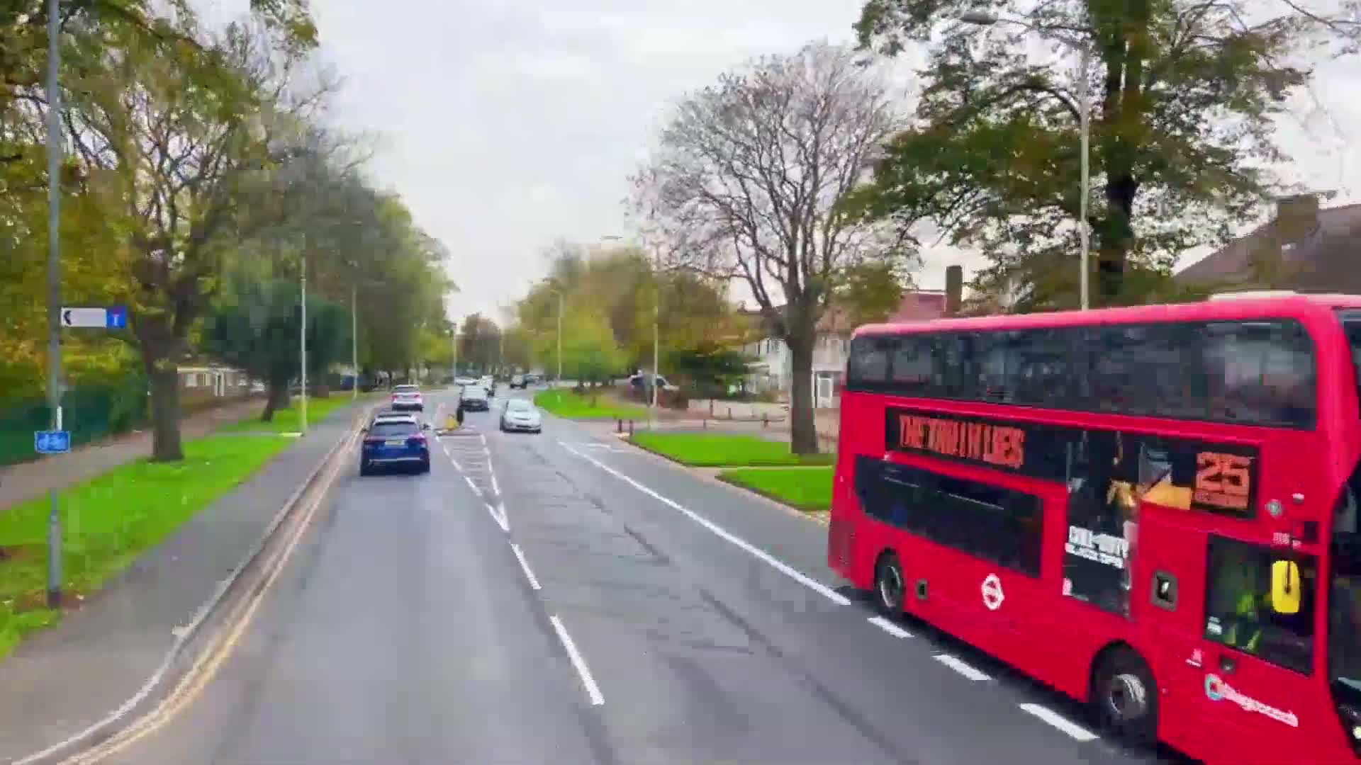 A red double-decker bus drives past several cars on a tree-lined road under an overcast sky.