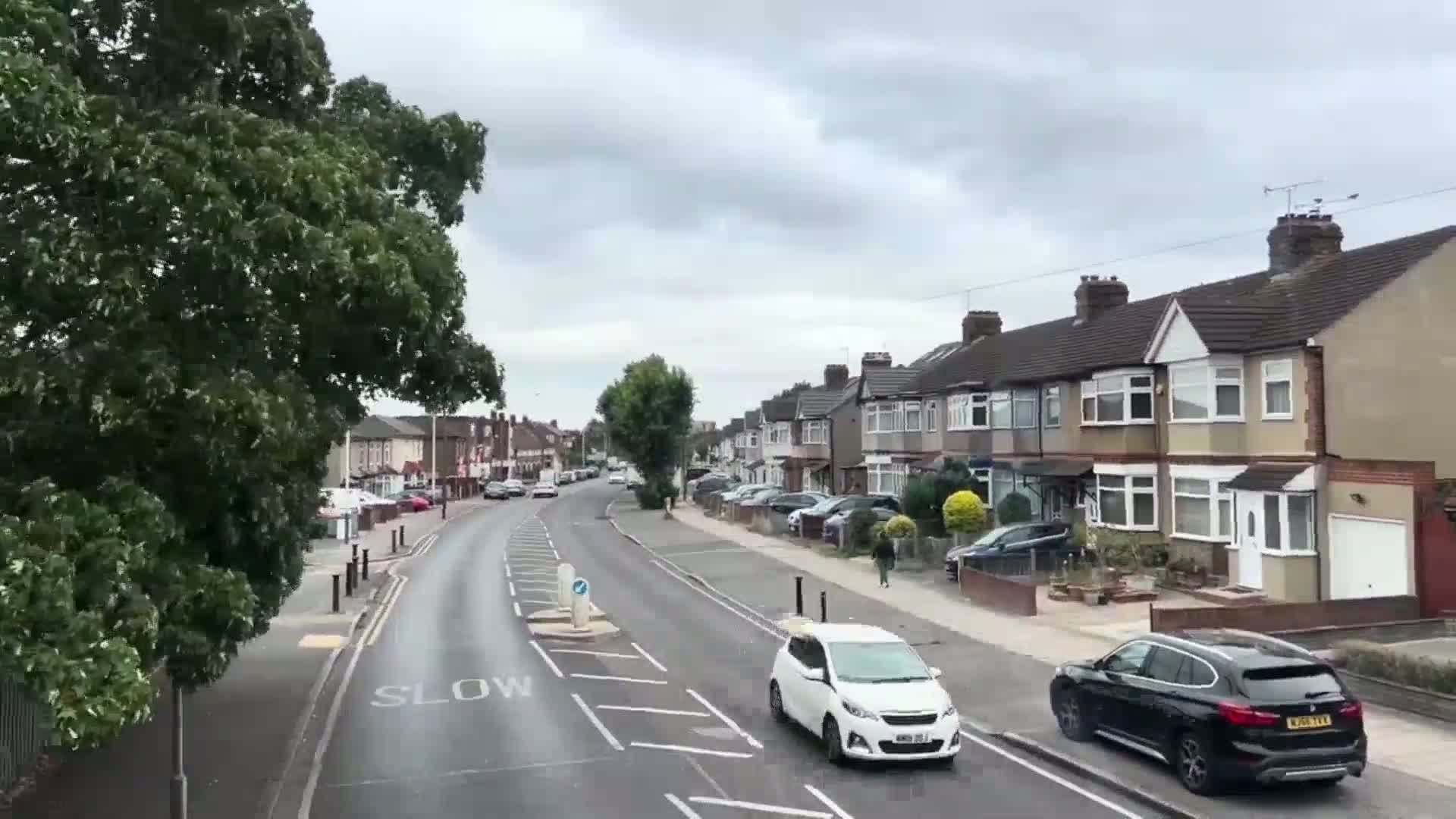 A residential street with parked cars and houses lines a road on an overcast day.