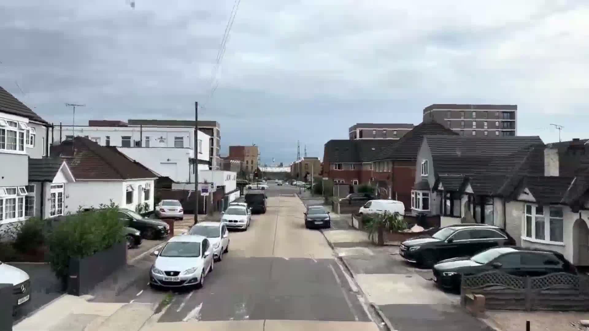 A residential street lined with houses and parked cars under an overcast sky.