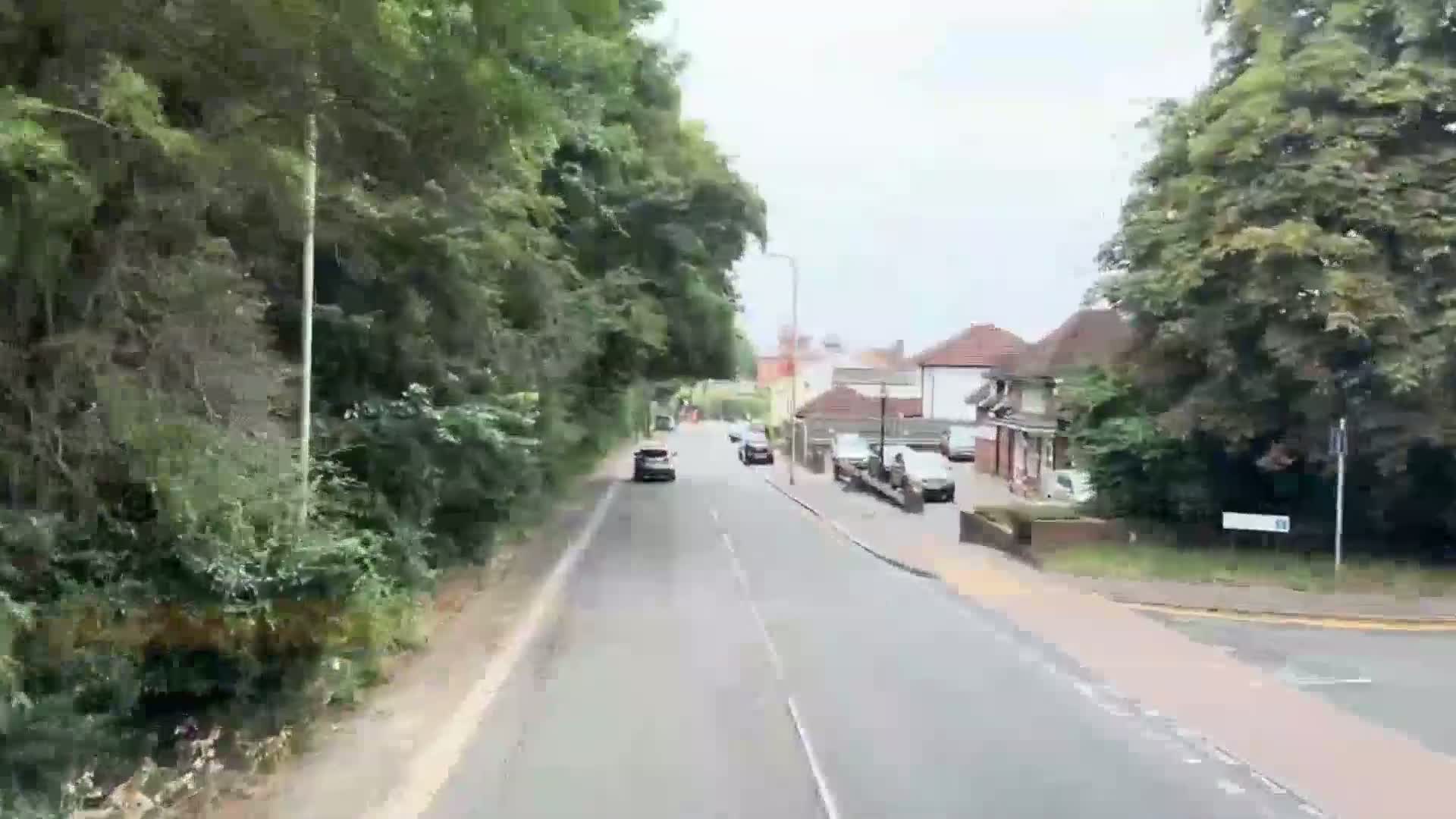 A residential street with a few cars driving on it, lined with lush green trees and houses on a cloudy day.