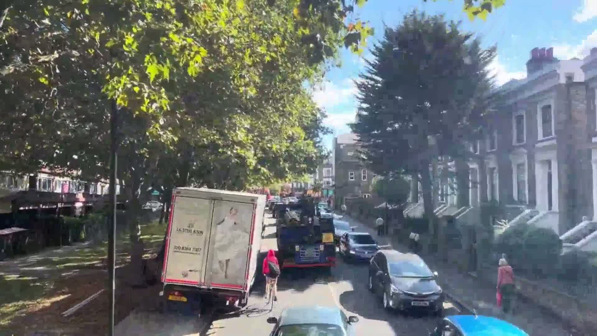 A cyclist rides past a line of cars and a large delivery truck parked on a tree-lined street on a sunny day.