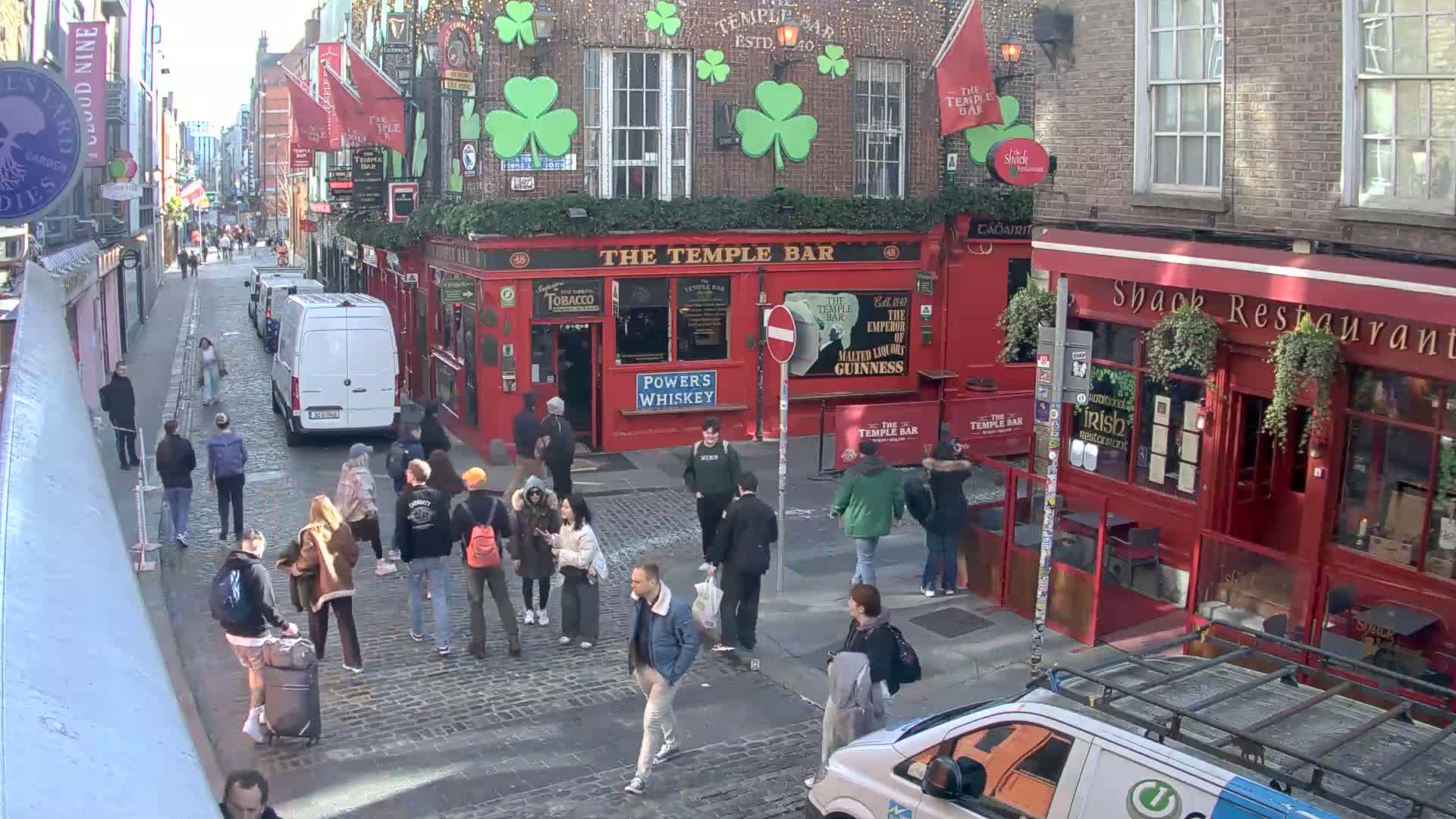A bustling cobblestone street scene on a sunny day features pedestrians walking past numerous red brick buildings, including a prominent pub called "The Temple Bar."