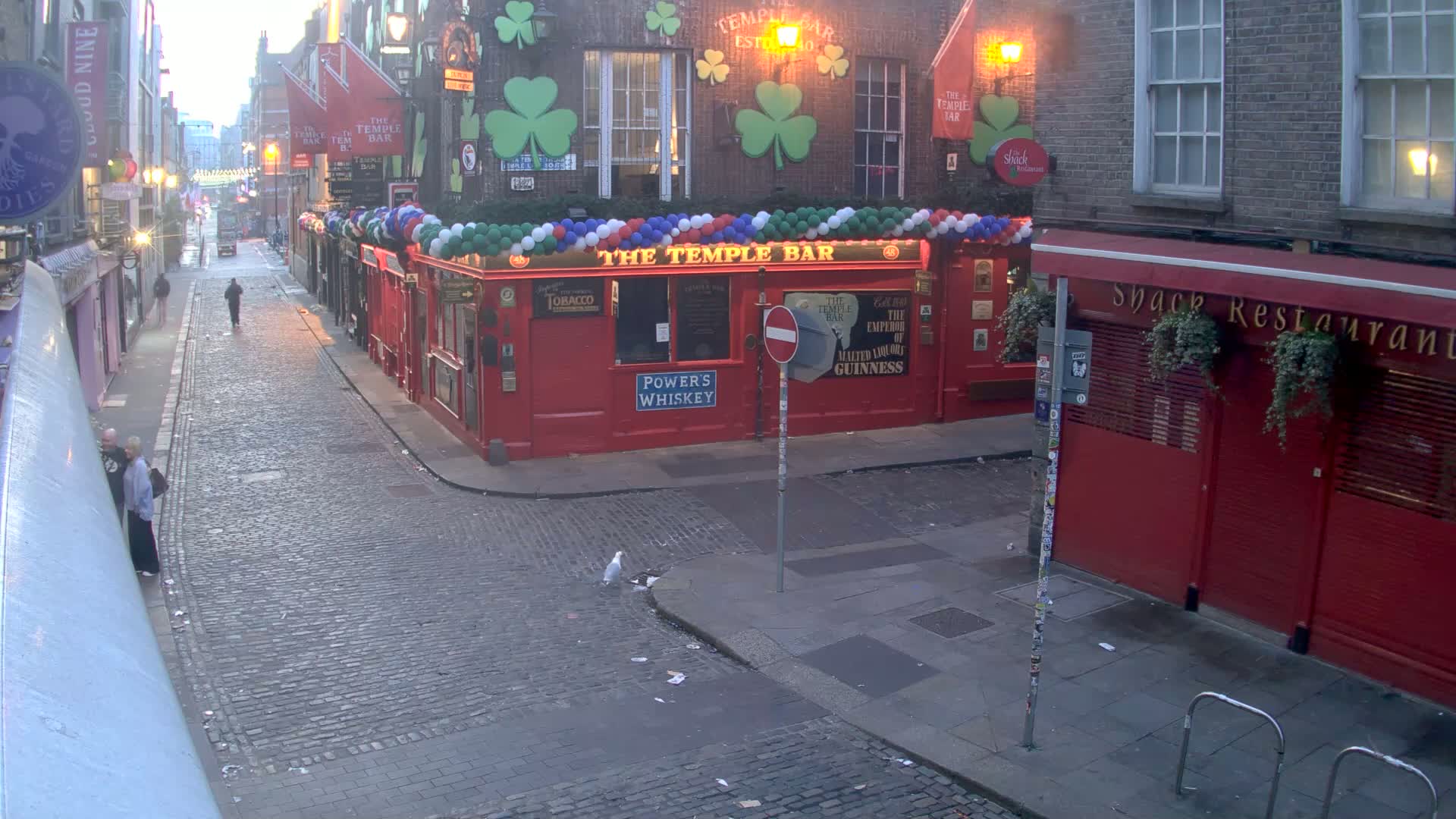 A cobblestone street at dusk, lined with red buildings, one of which is decorated with shamrocks and balloons, features a couple standing on the sidewalk while a seagull walks in the street.