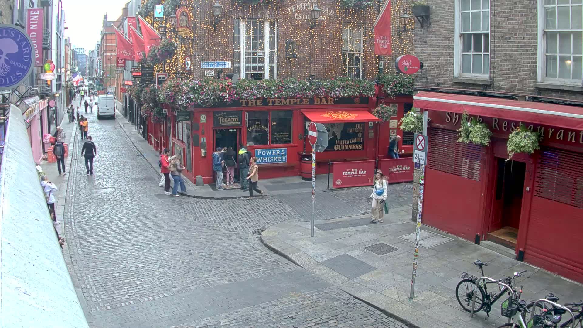 A cobblestone street scene shows pedestrians walking past red brick buildings with various businesses, including a pub called The Temple Bar, under an overcast sky.